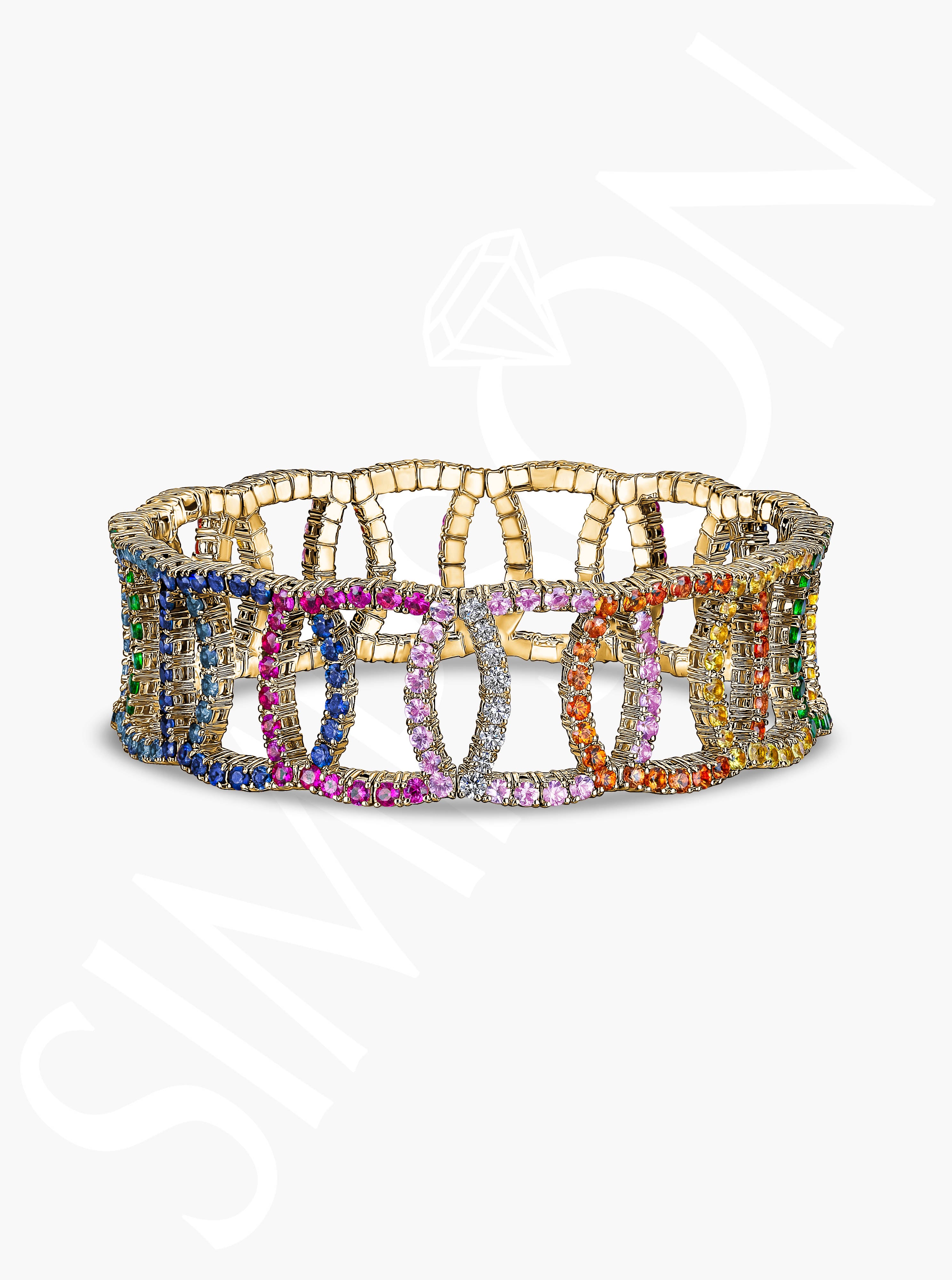 Multi-Color Sapphire and Tsavorite Circle Link Stretch Bracelet with Diamonds