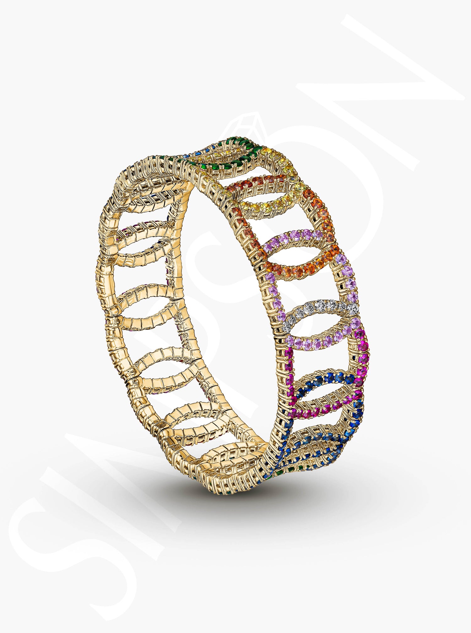 Multi-Color Sapphire and Tsavorite Circle Link Stretch Bracelet with Diamonds