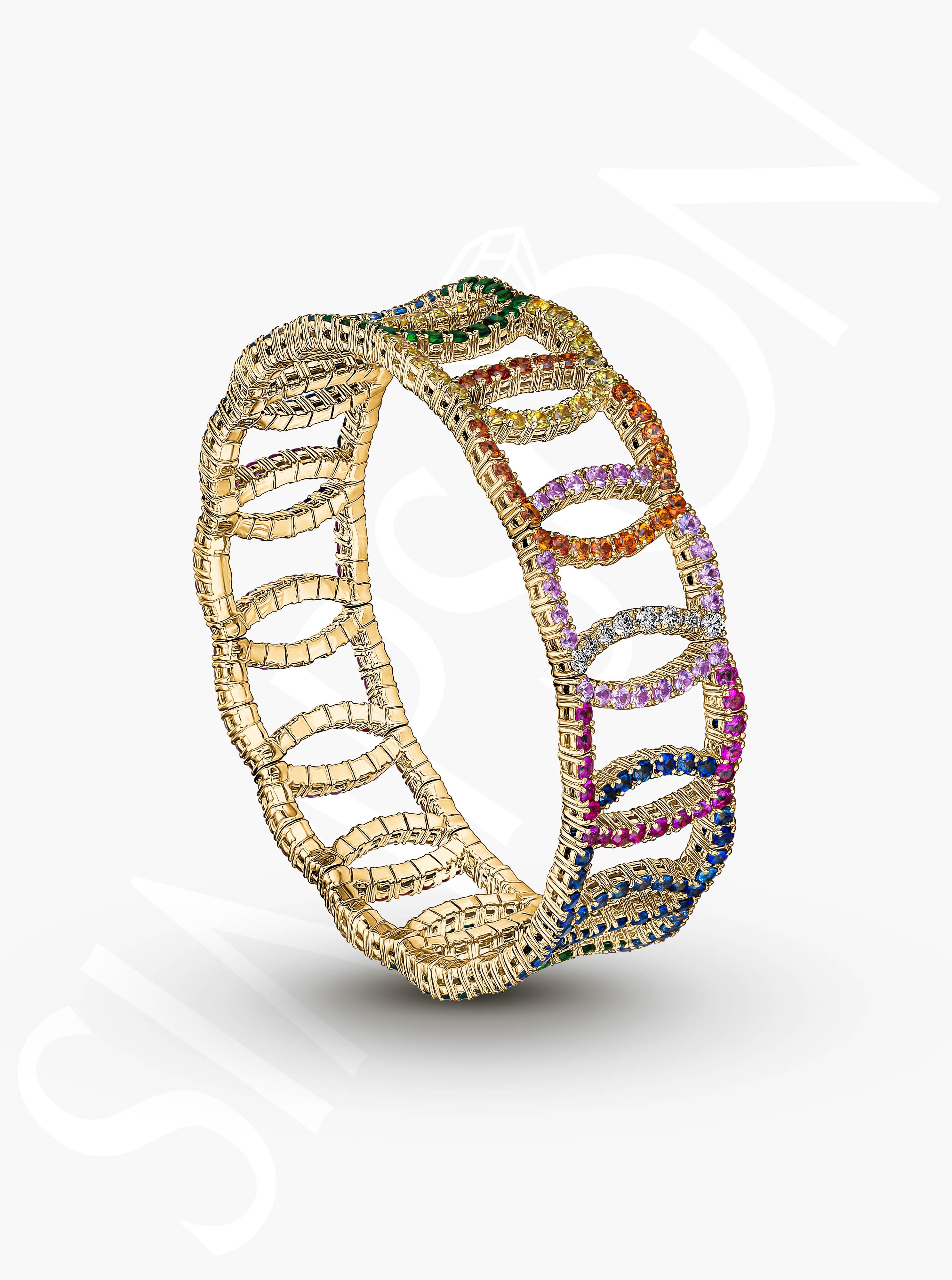 Multi-Color Sapphire and Tsavorite Circle Link Stretch Bracelet with Diamonds
