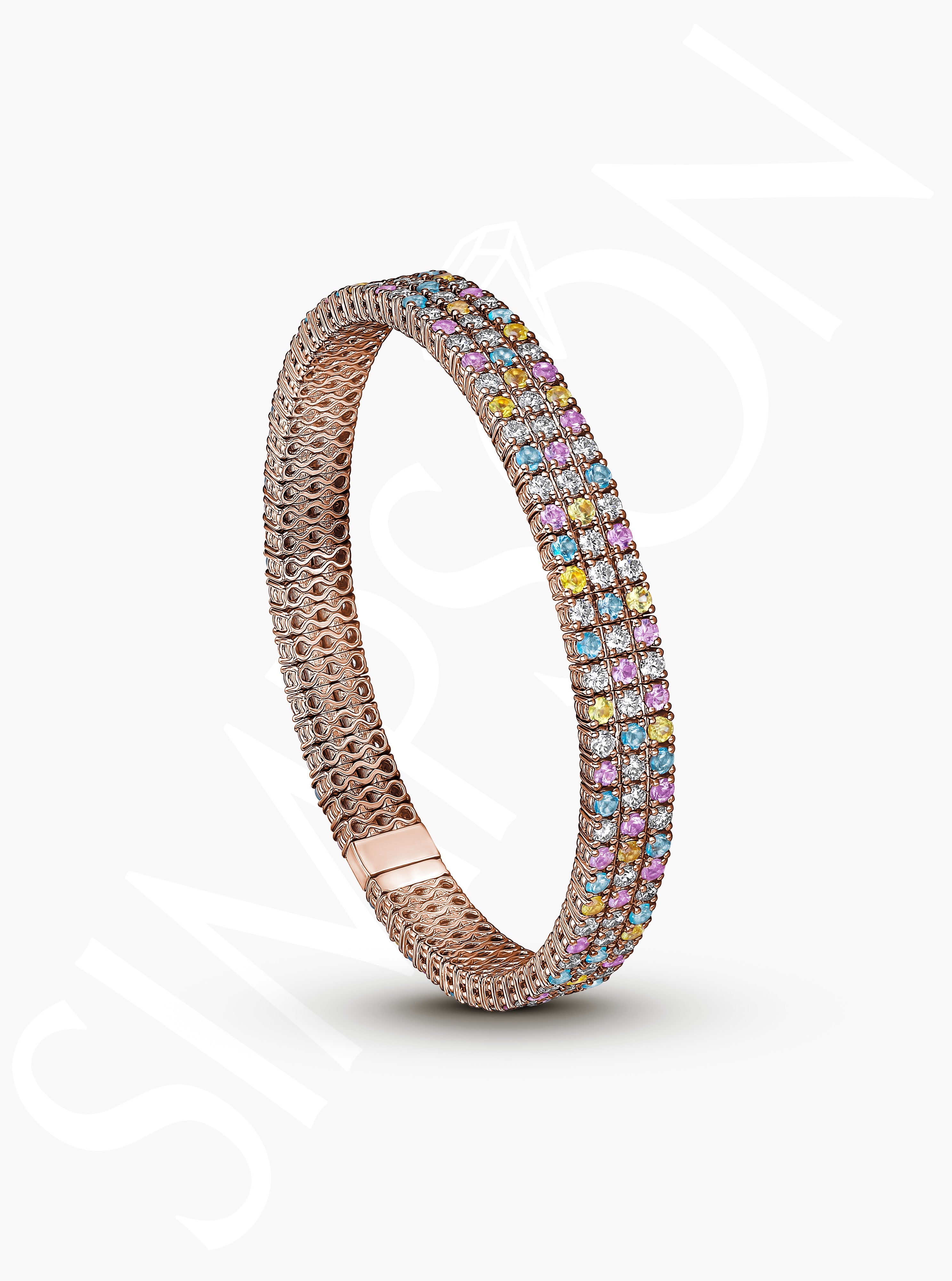 Blue Topaz and Yellow and Pink Sapphire Stretch Bracelet with Diamonds