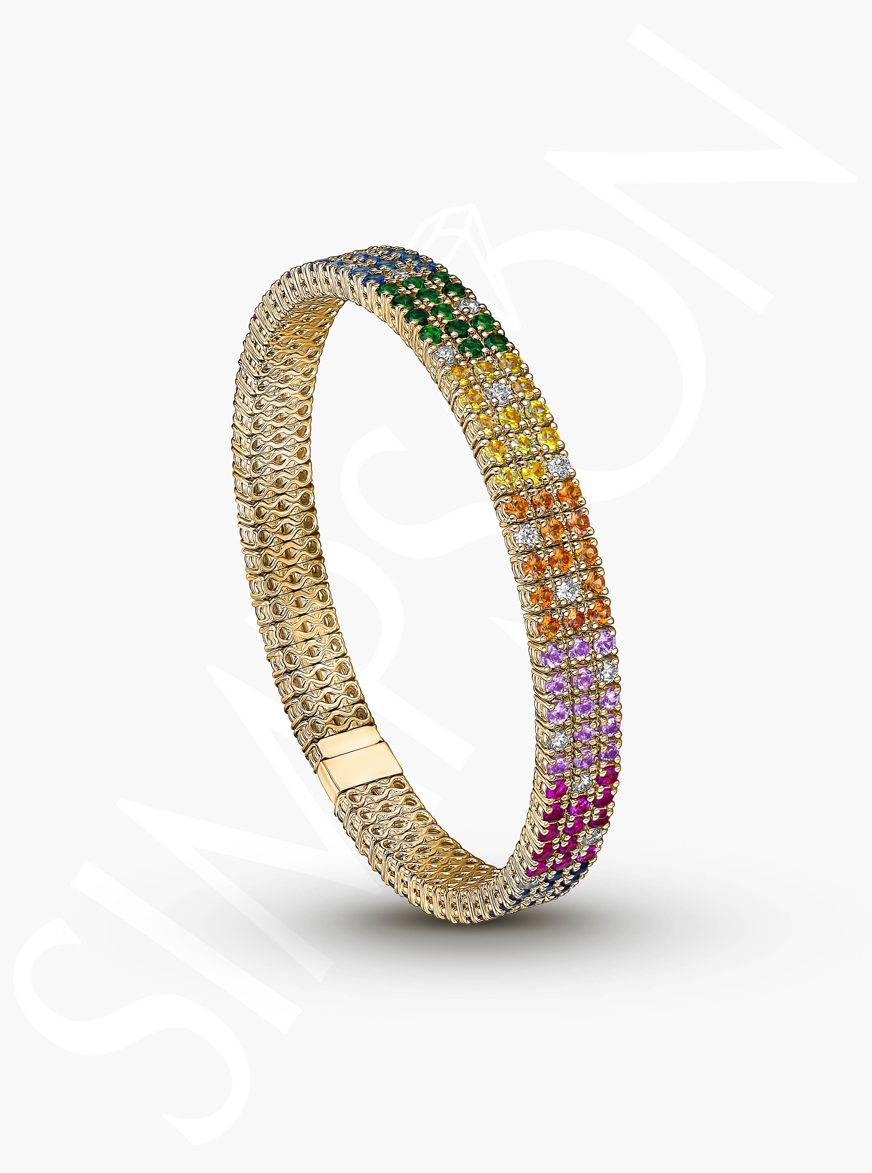Rainbow Gemstone Stretch Bracelet with Diamonds
