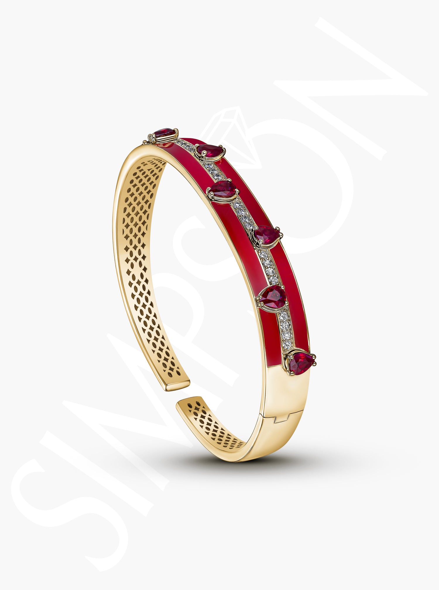 Ruby and Diamond Bangle with Red Enamel Detailing