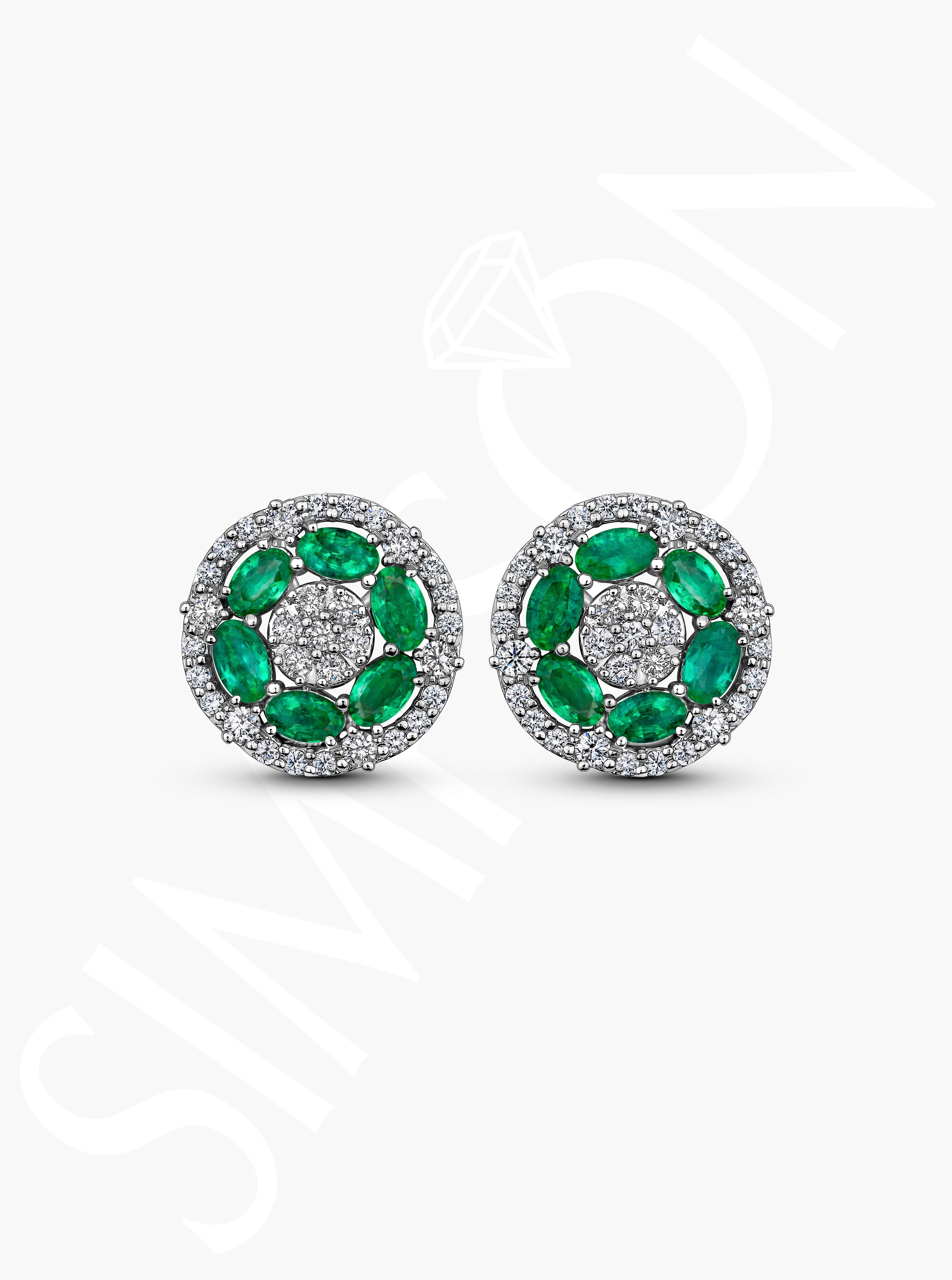 Emerald And Diamond Cluster Stud Earrings