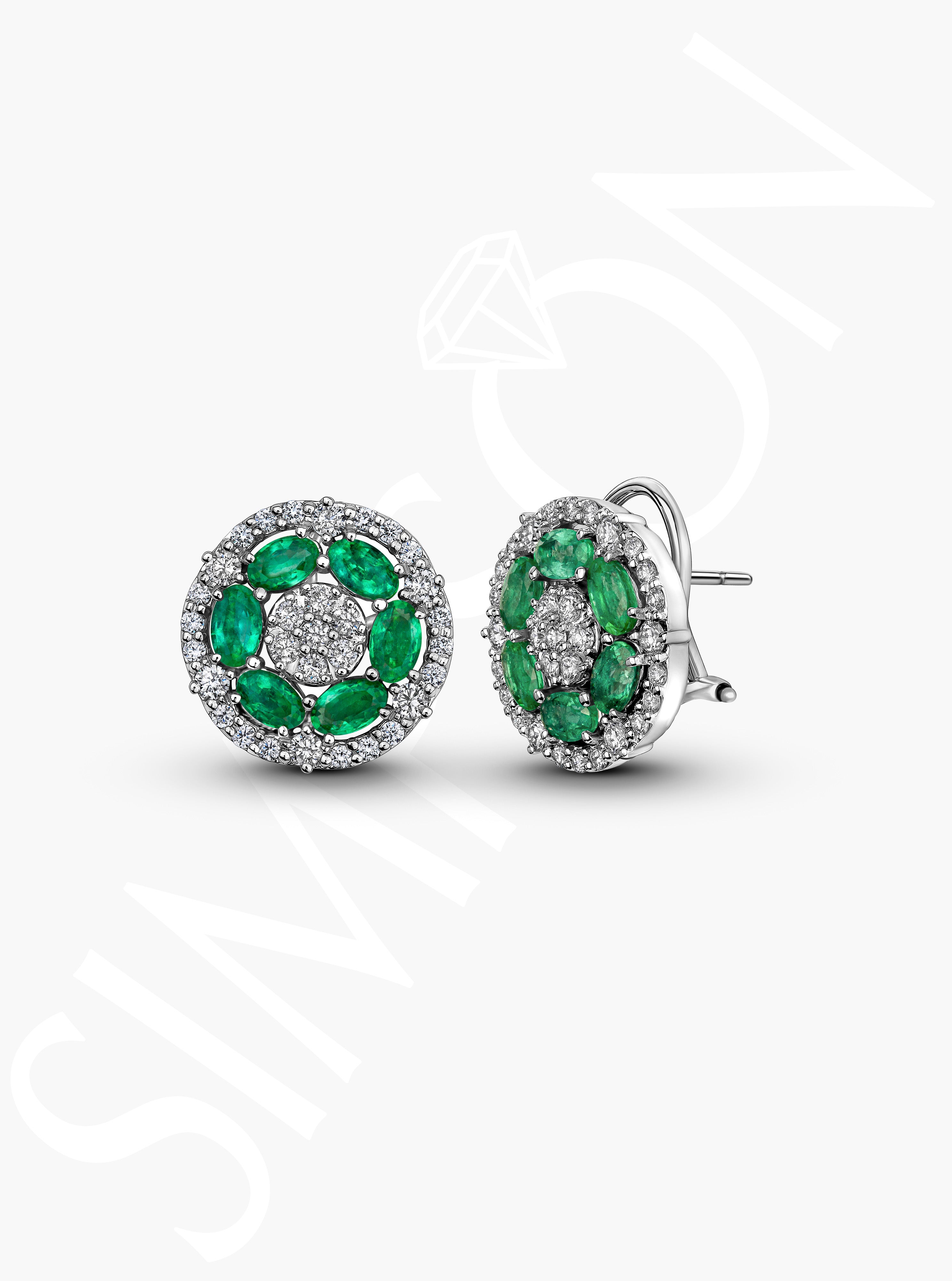 Emerald And Diamond Cluster Stud Earrings
