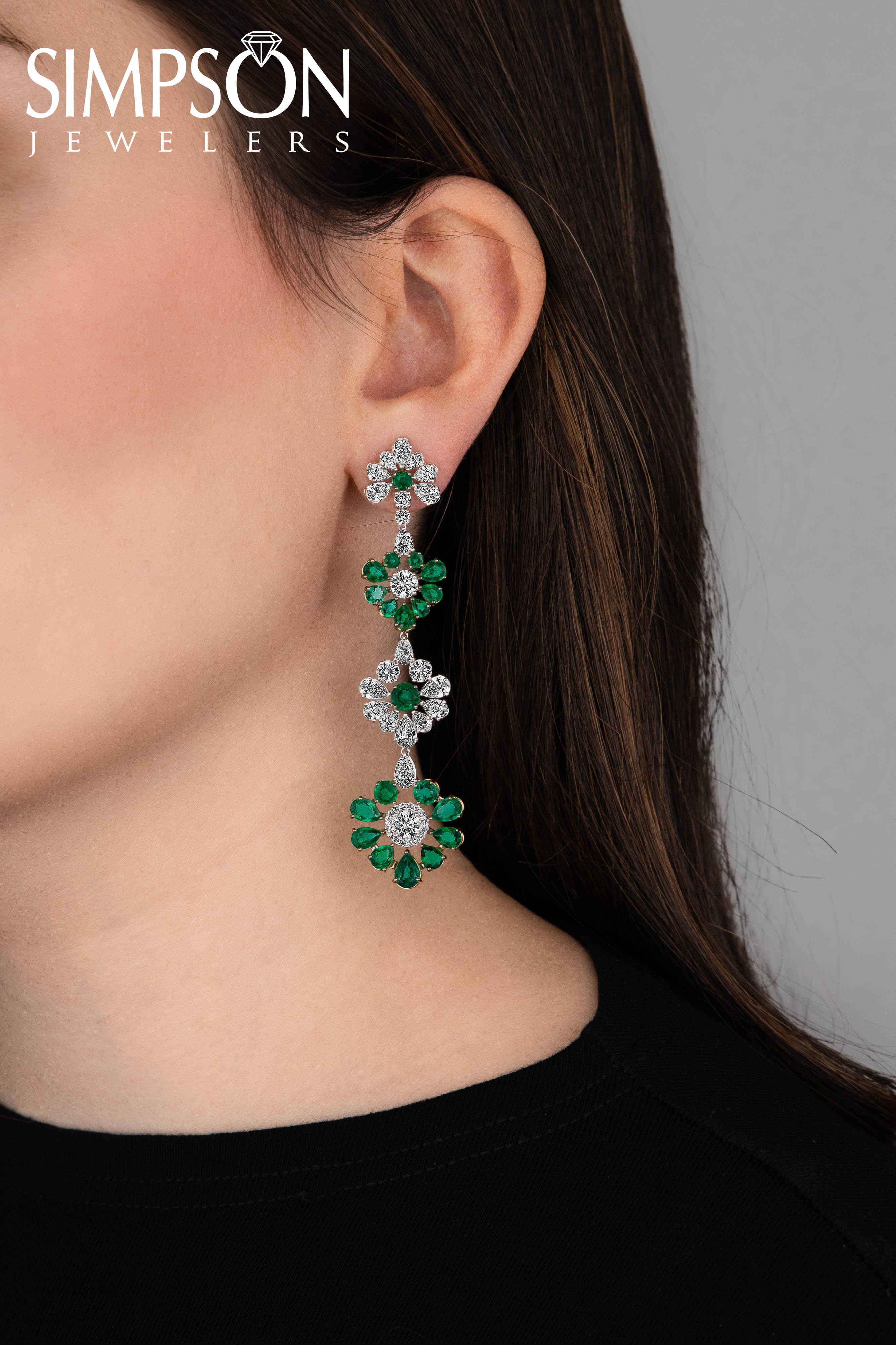 Floral Emerald and Diamond Drop Earrings