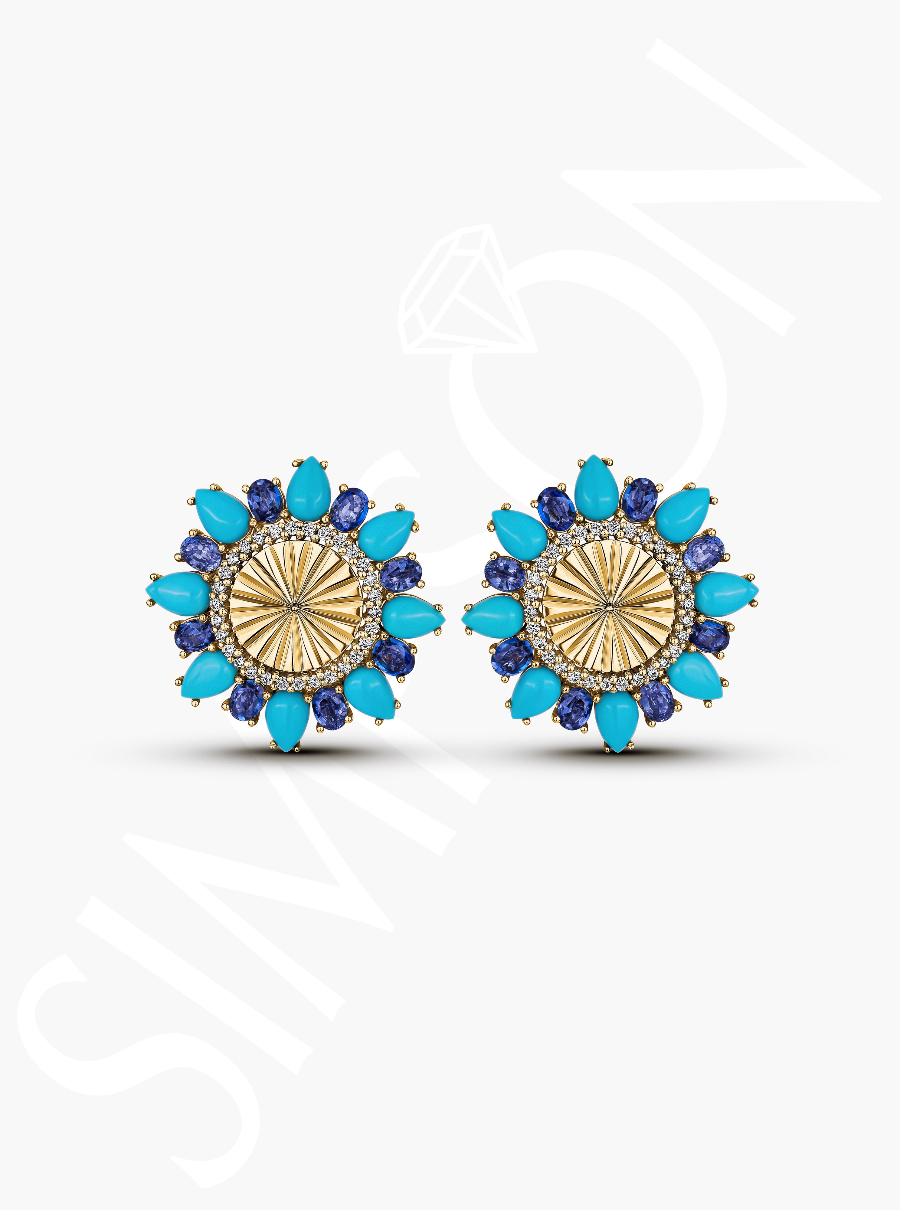 Blue Sapphire, Turquoise, and Diamond Sunburst Earrings