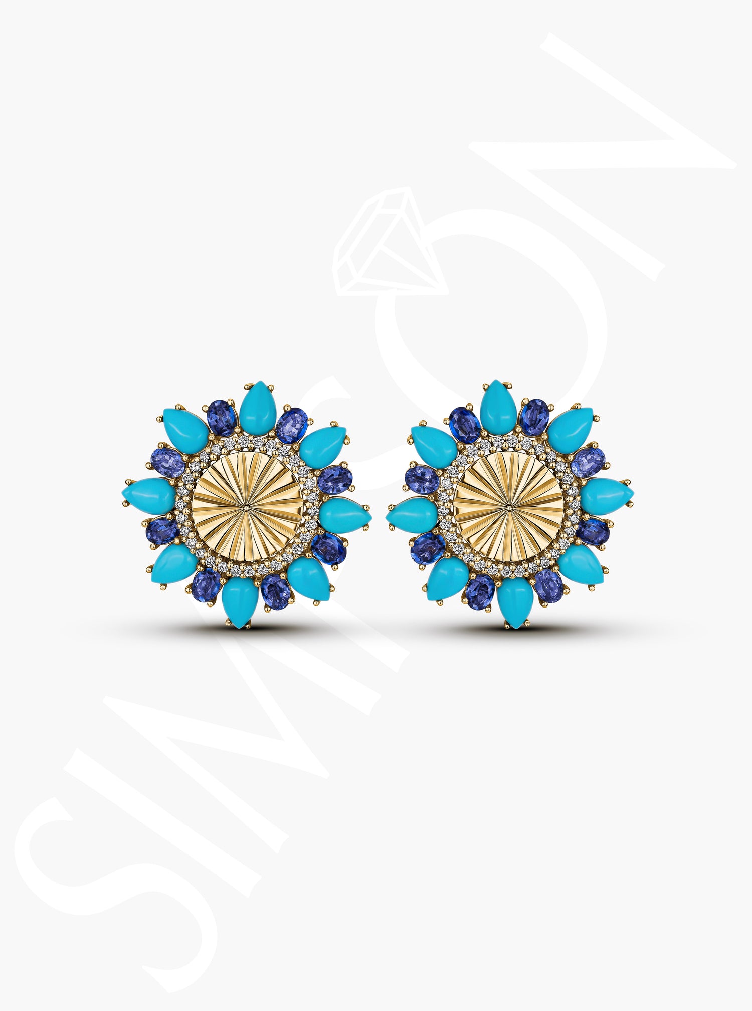 Blue Sapphire, Turquoise, and Diamond Sunburst Earrings