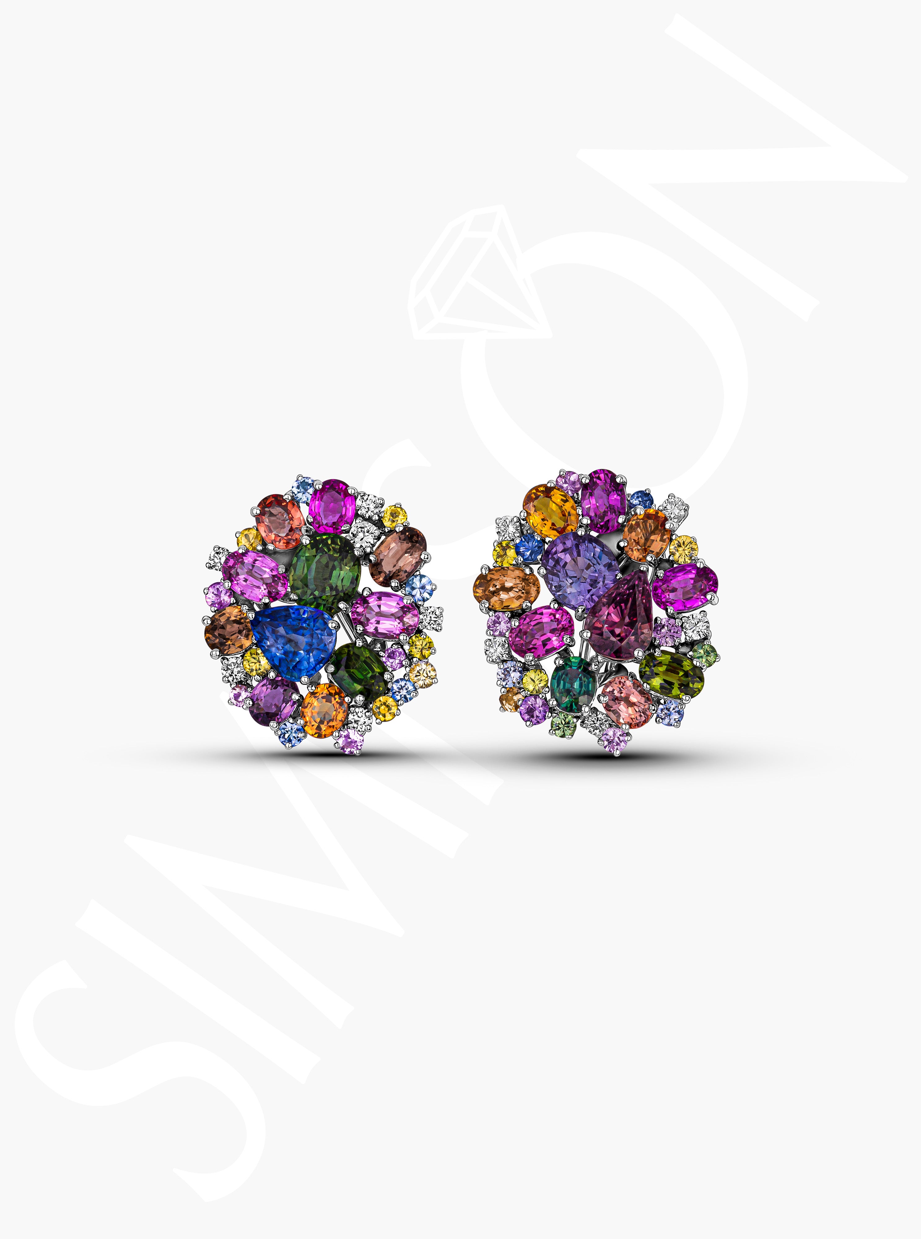 Multi-Color Gemstone and Diamond Cluster Earrings