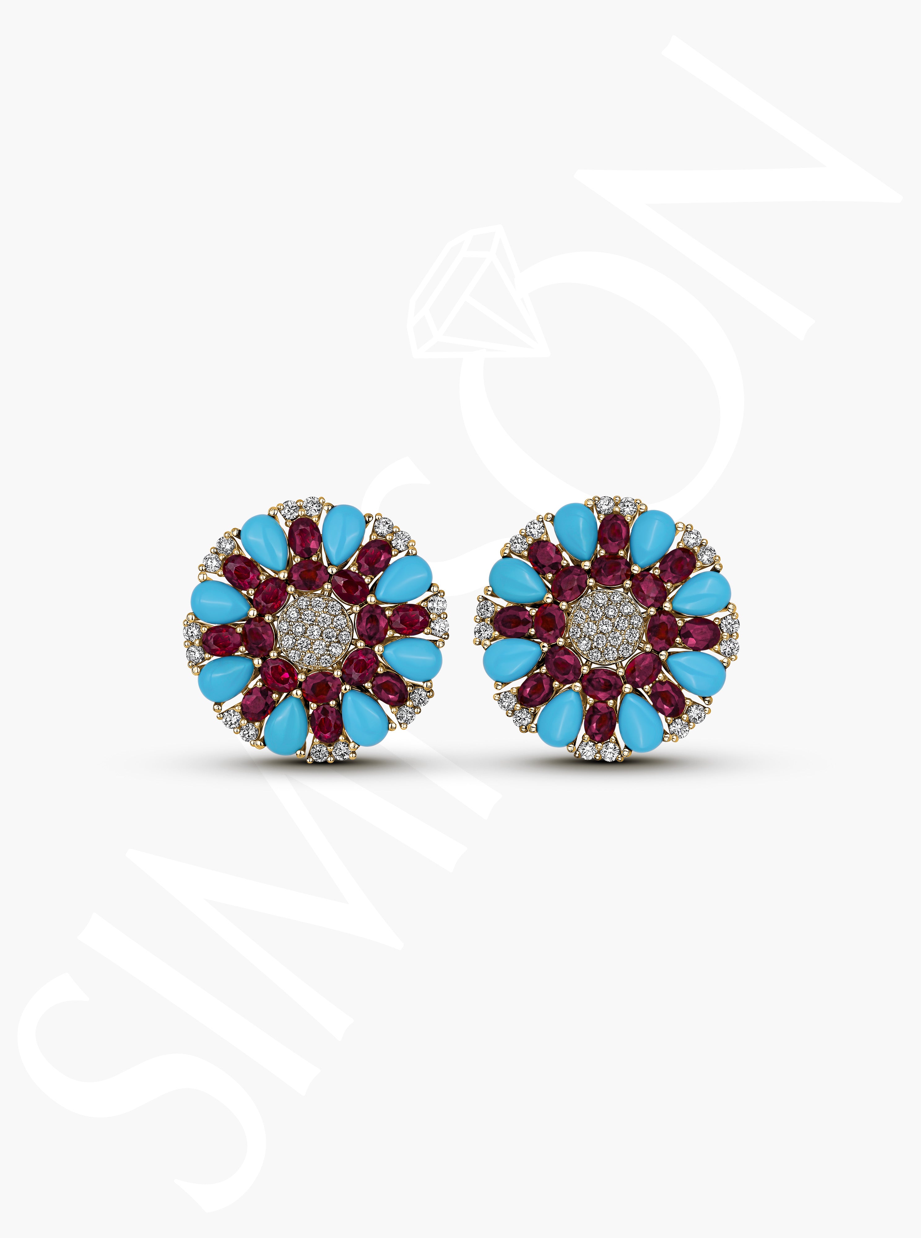 Turquoise, Ruby, and Diamond Earrings