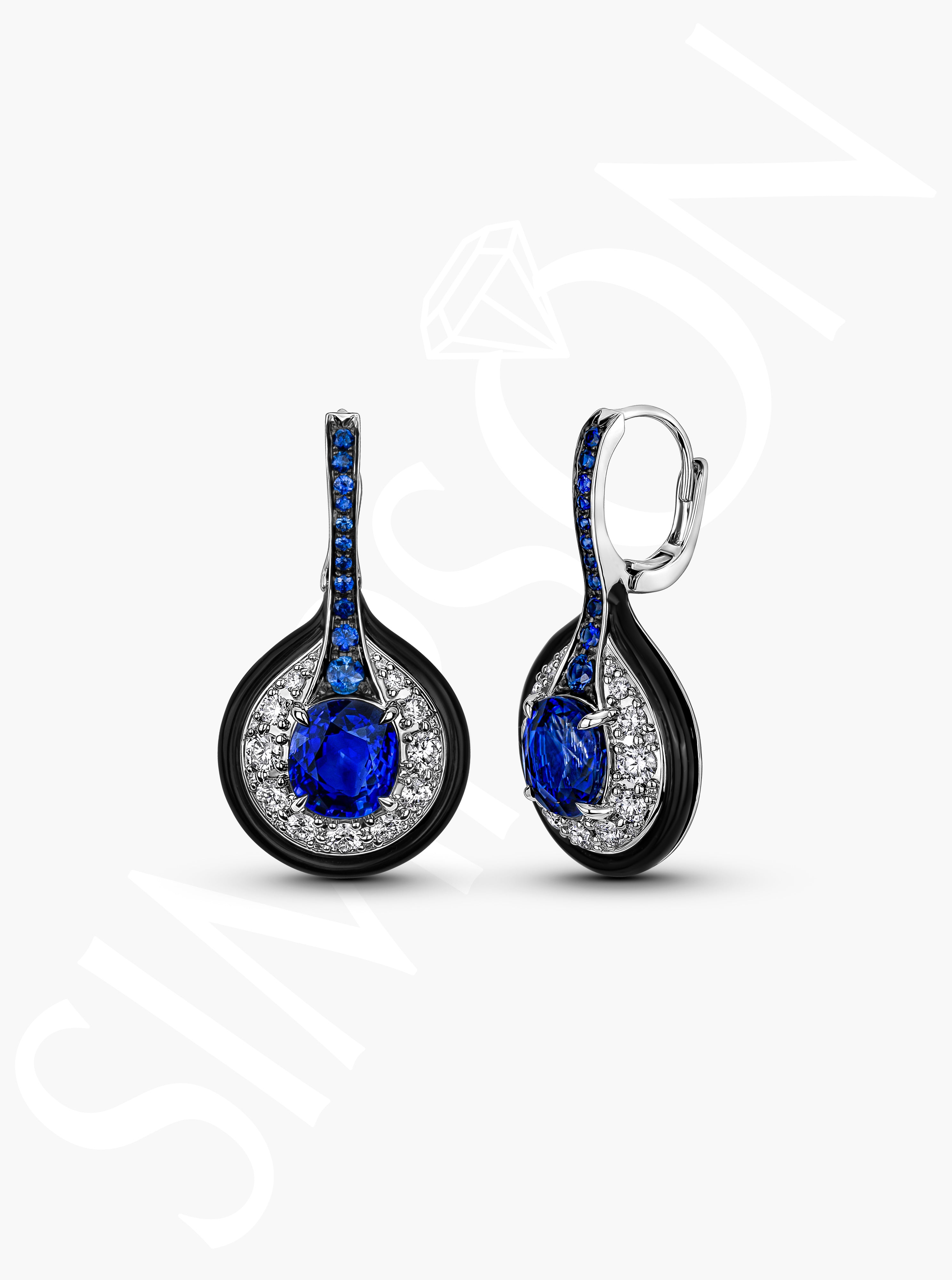 Sapphire and Black Onyx Drop Earrings with Diamonds