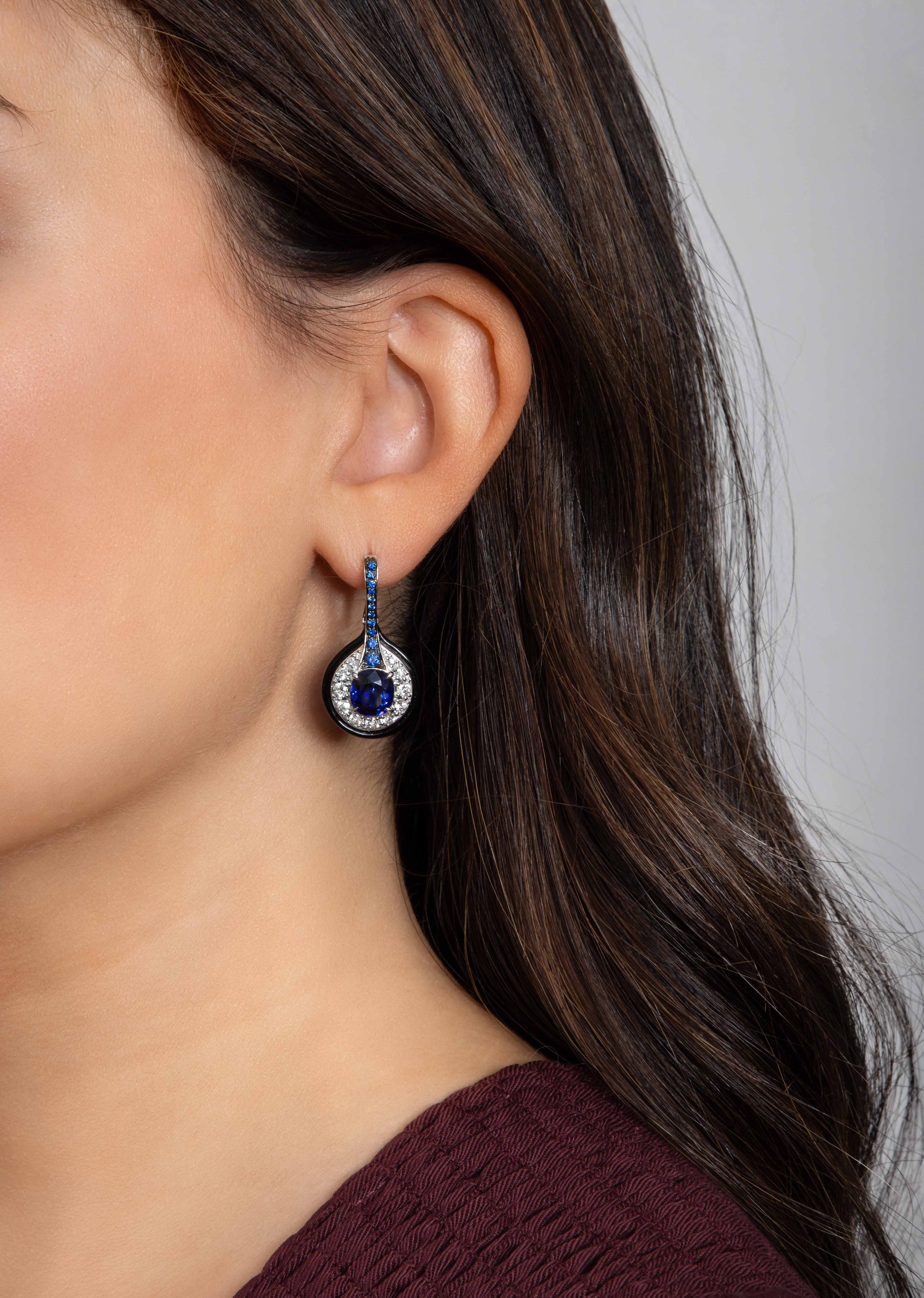 Sapphire and Black Onyx Drop Earrings with Diamonds