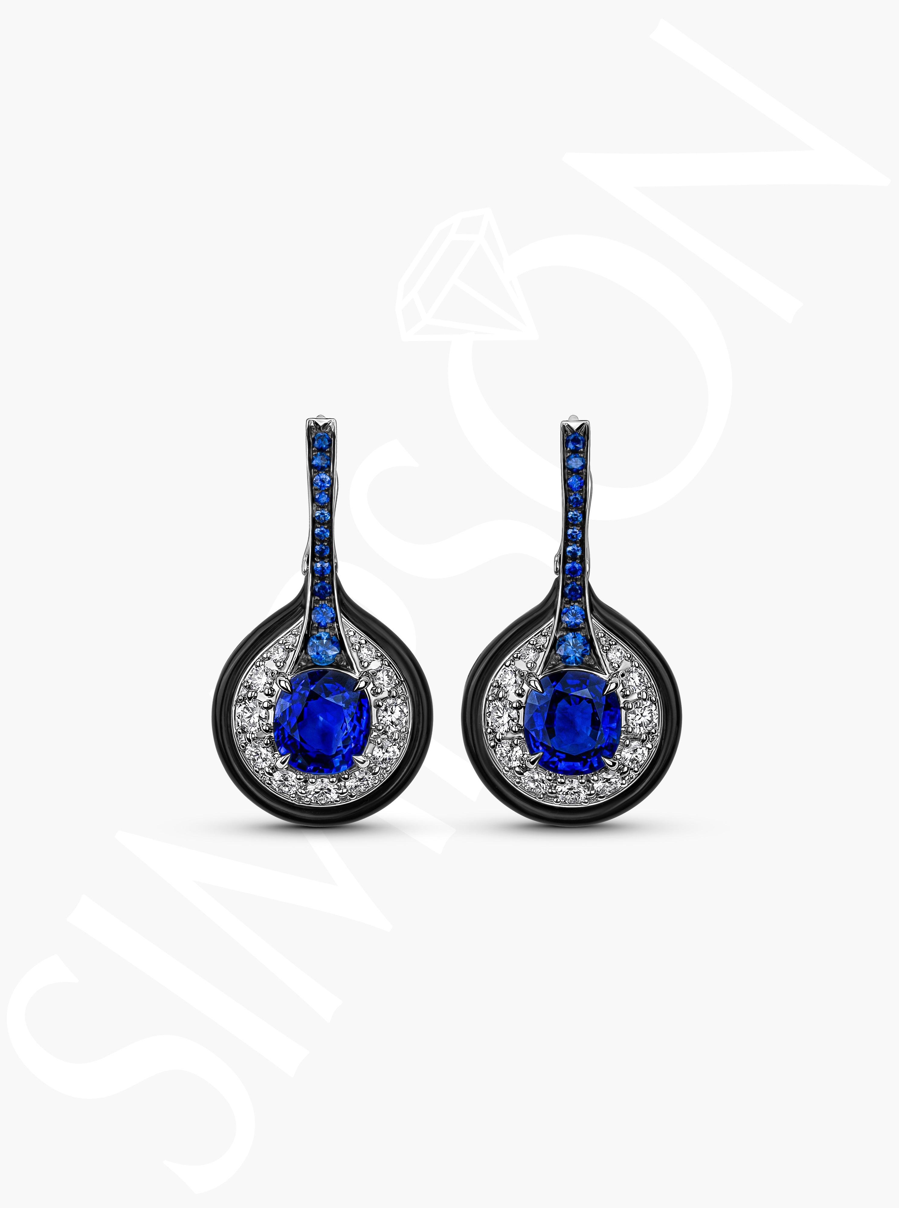 Sapphire and Black Onyx Drop Earrings with Diamonds
