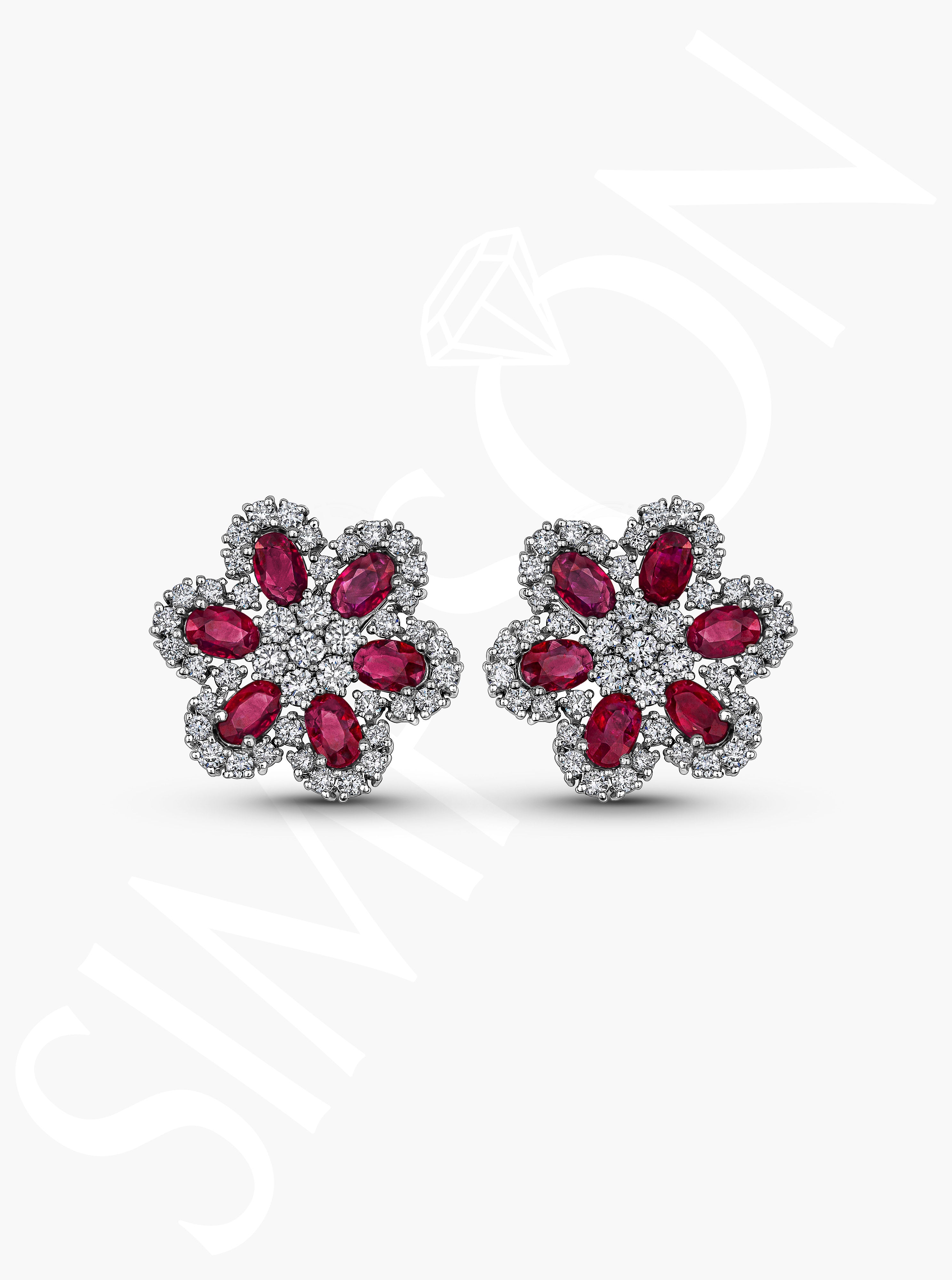 Floral Ruby and Diamond Stud Earrings