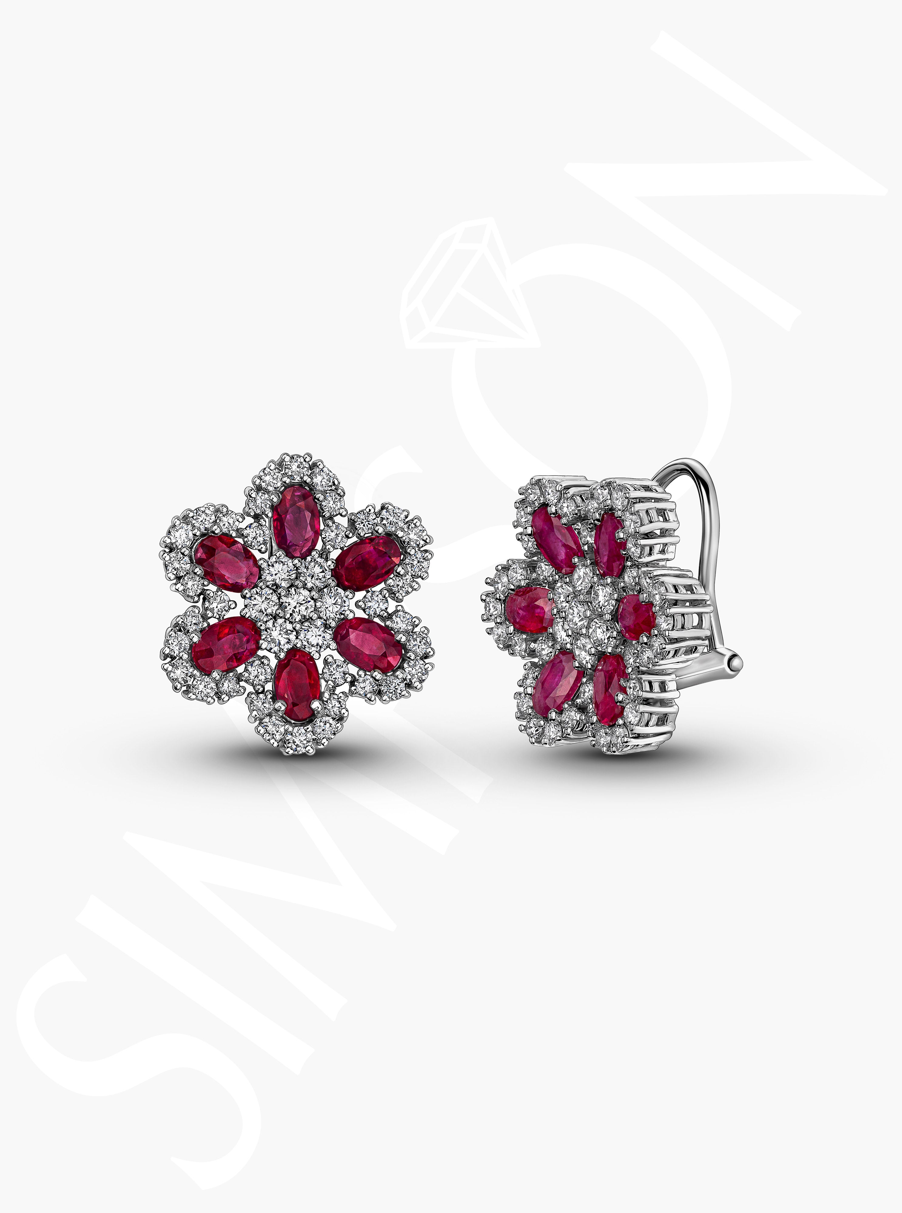 Floral Ruby and Diamond Stud Earrings