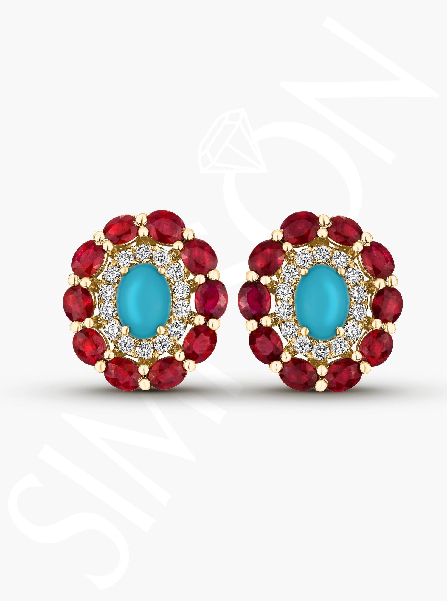 Turquoise, Ruby and Diamond Stud Earrings