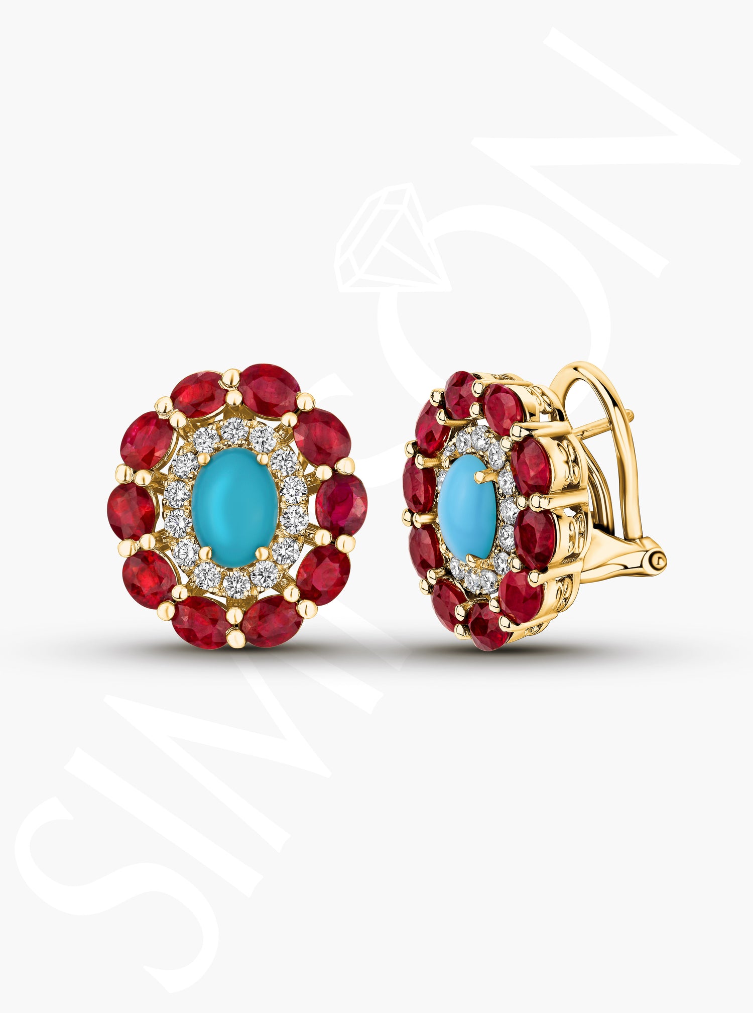 Turquoise, Ruby and Diamond Stud Earrings
