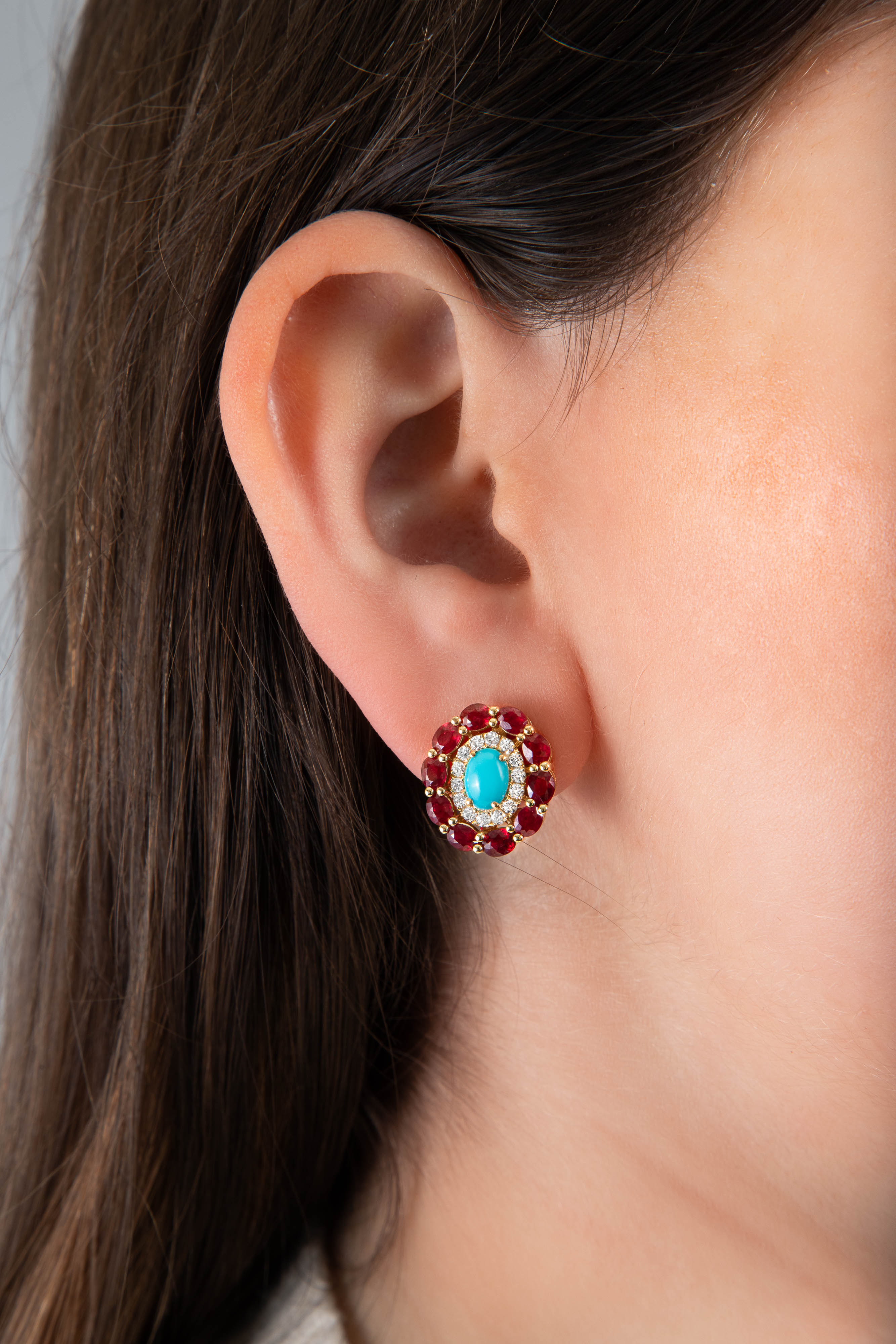 Turquoise, Ruby and Diamond Stud Earrings