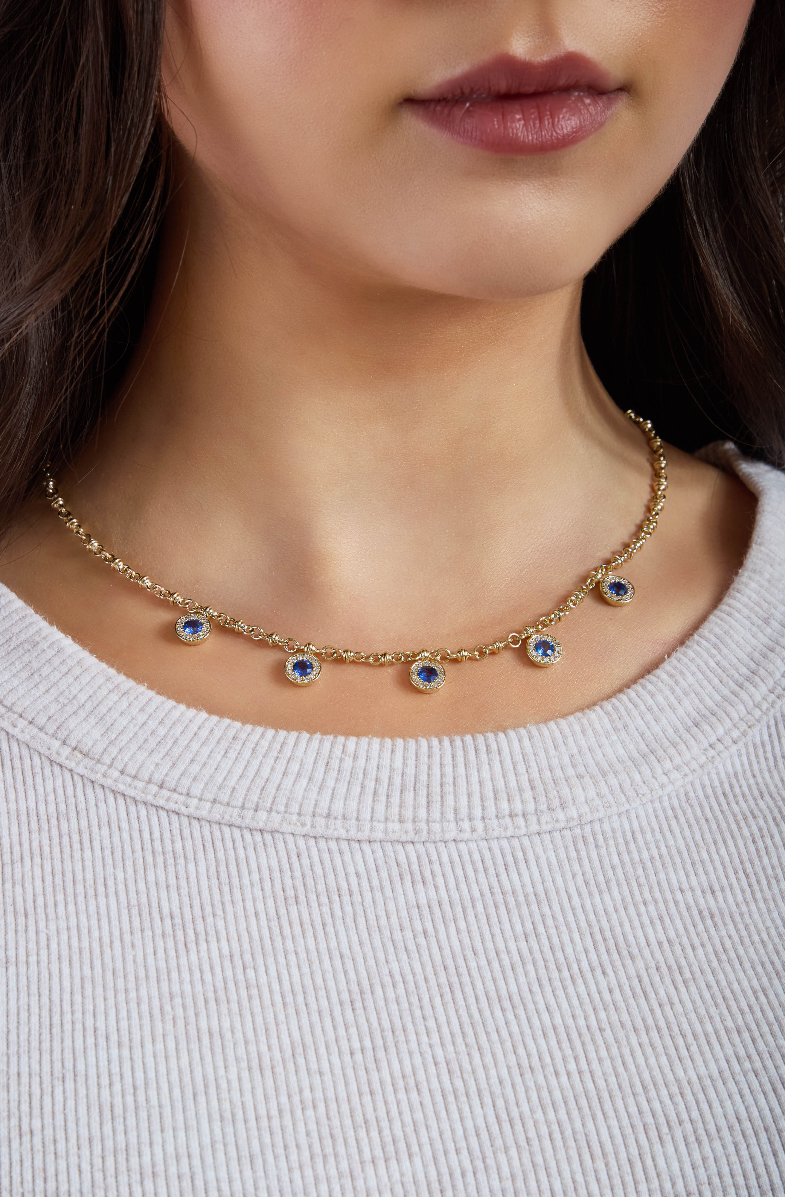 Blue Sapphire And Diamond Station Necklace