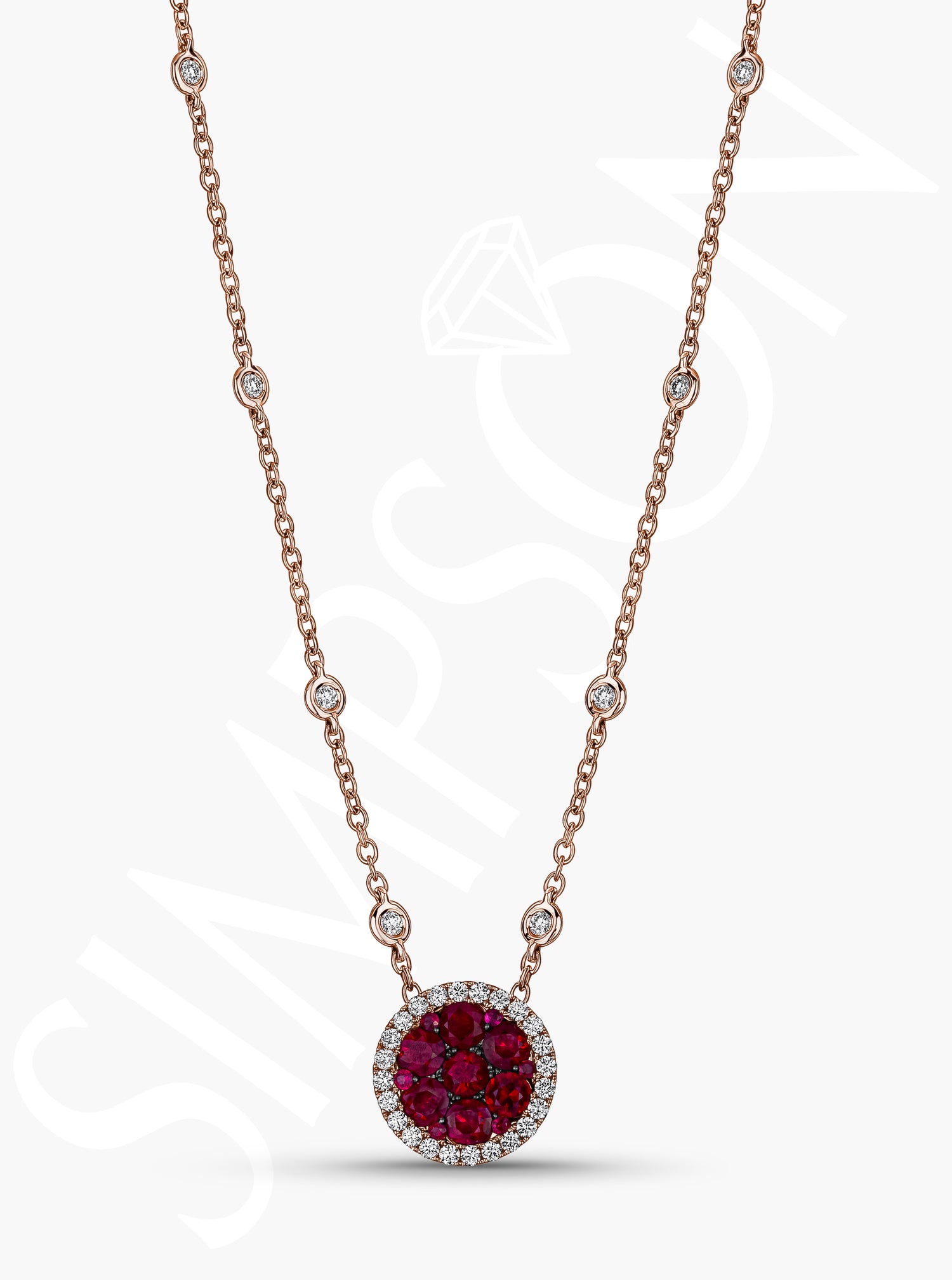 Ruby and Diamond Halo Pendant Necklace