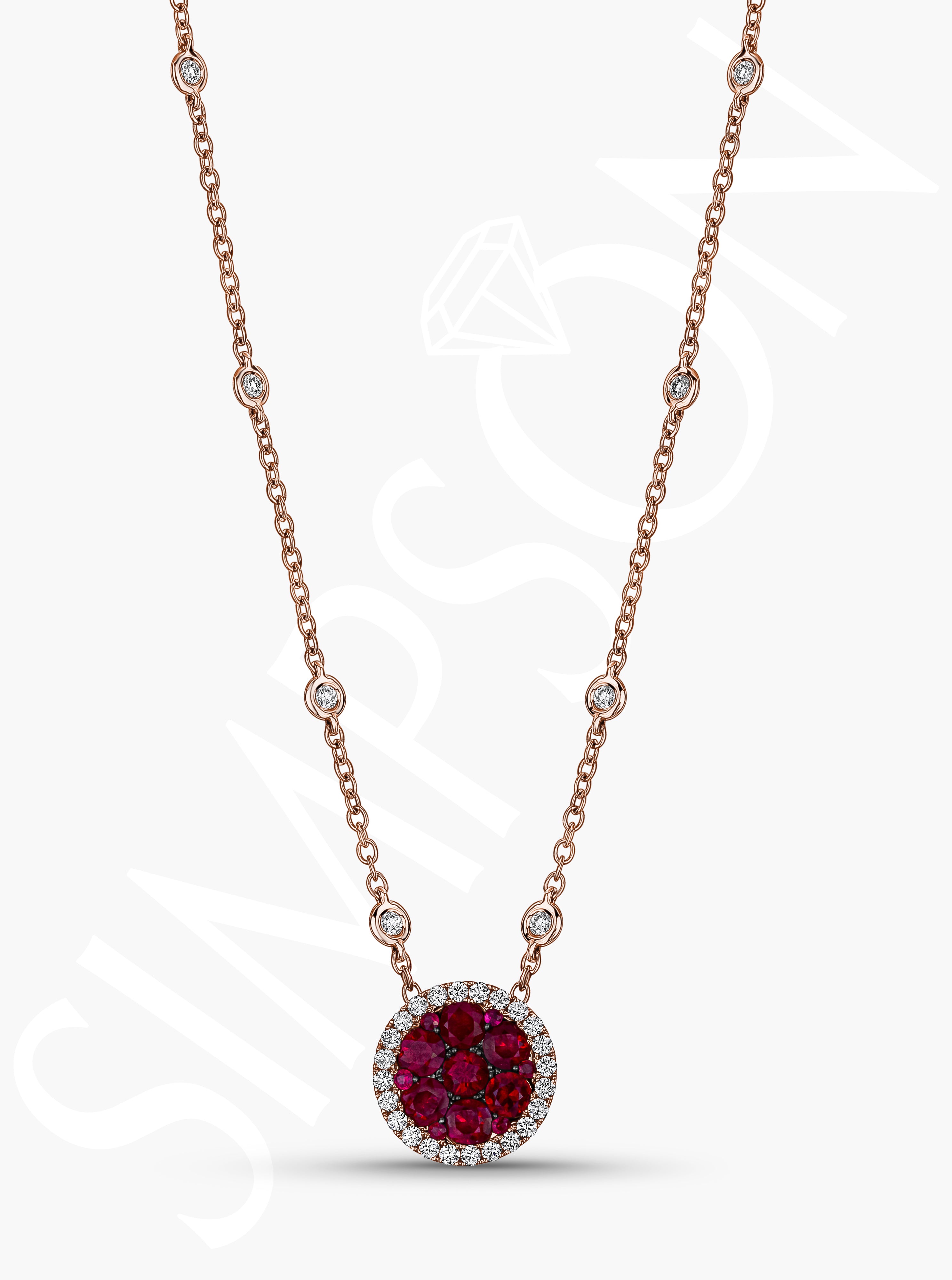 Ruby and Diamond Halo Pendant Necklace