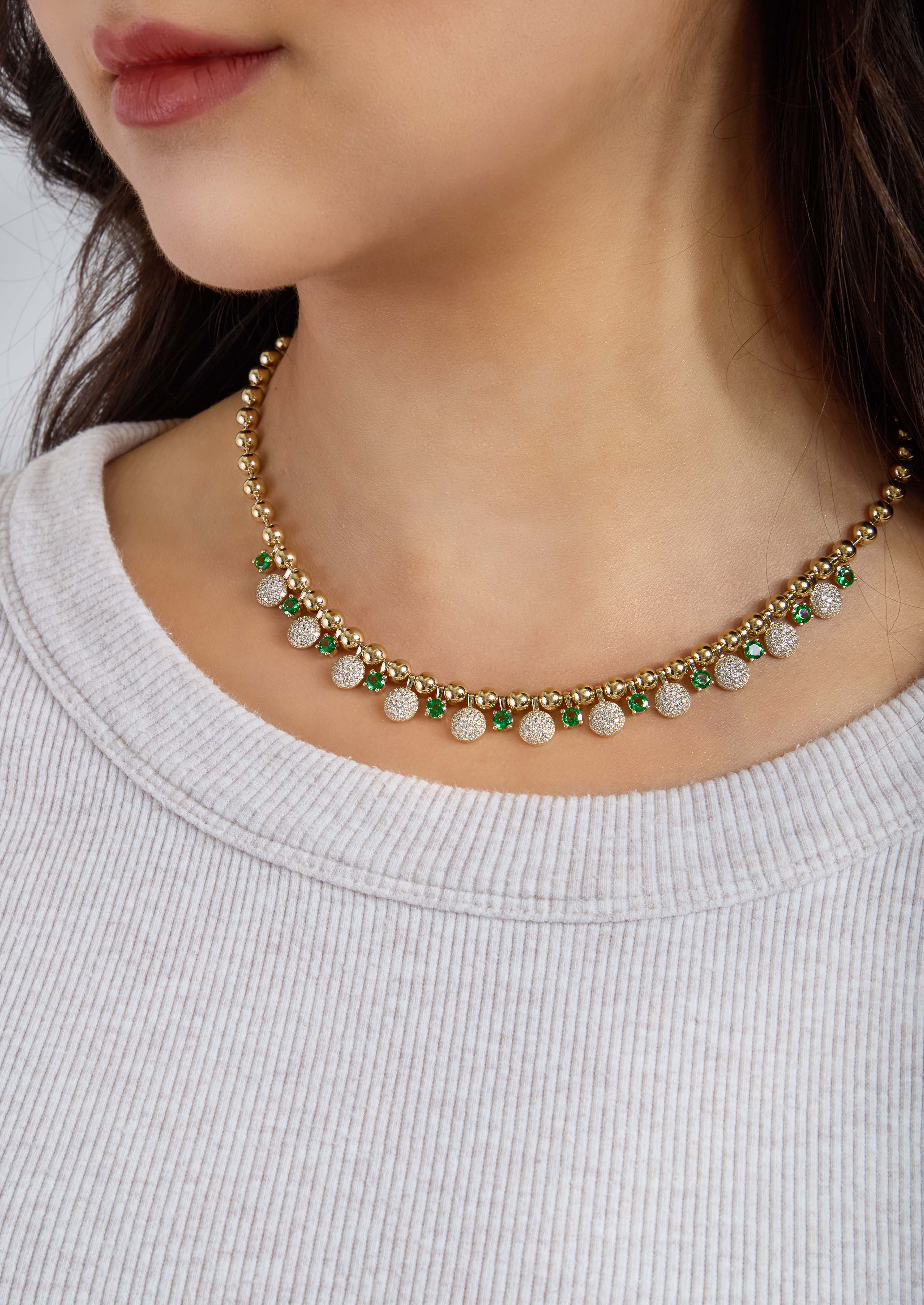 Beaded Necklace with Pavé Diamond and Tsavorite Stations