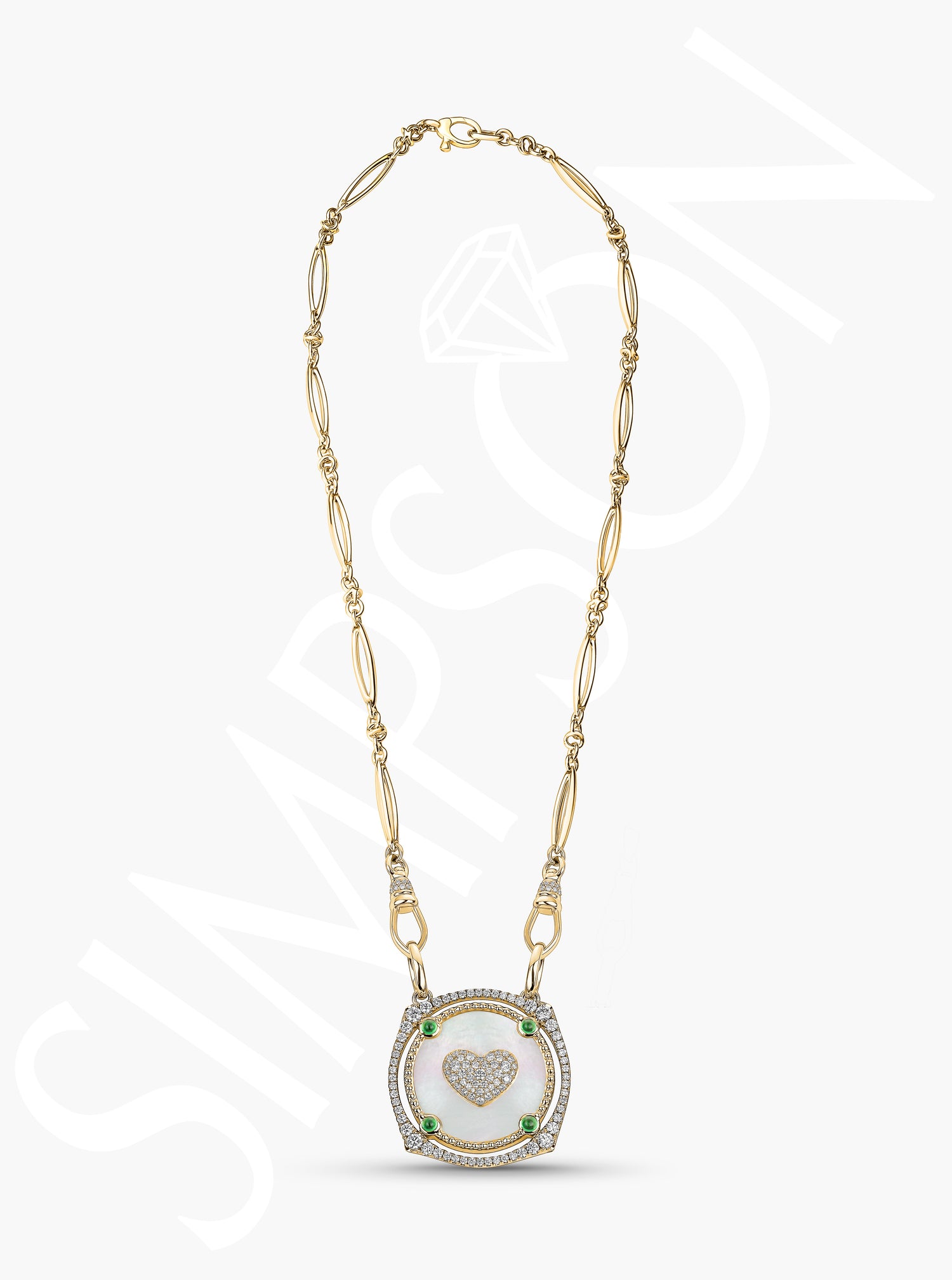 Mother of Pearl, Tsavorite and Diamond Heart Necklace