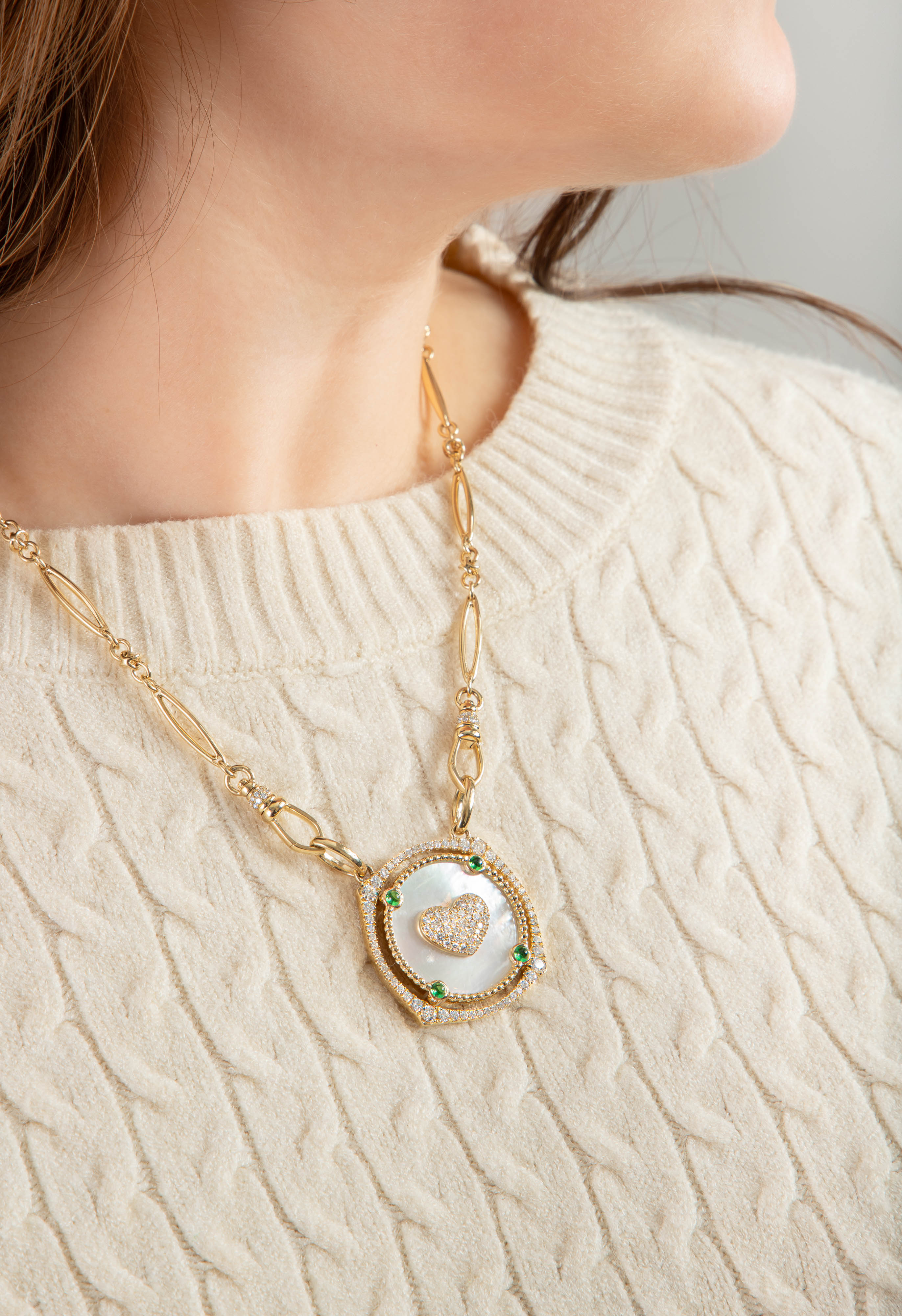 Mother of Pearl, Tsavorite and Diamond Heart Necklace