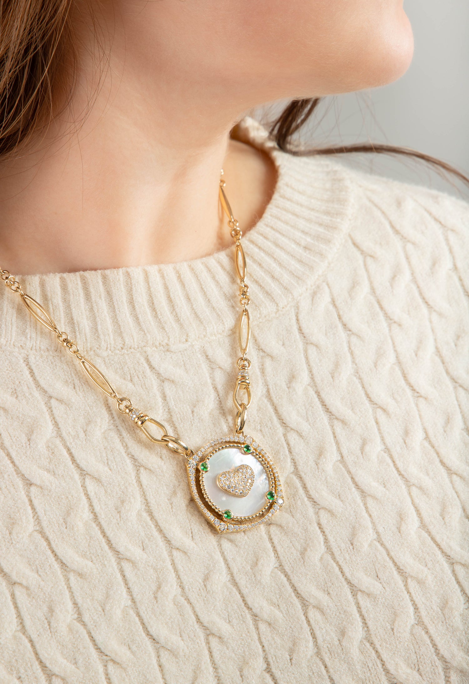 Mother of Pearl, Tsavorite and Diamond Heart Necklace