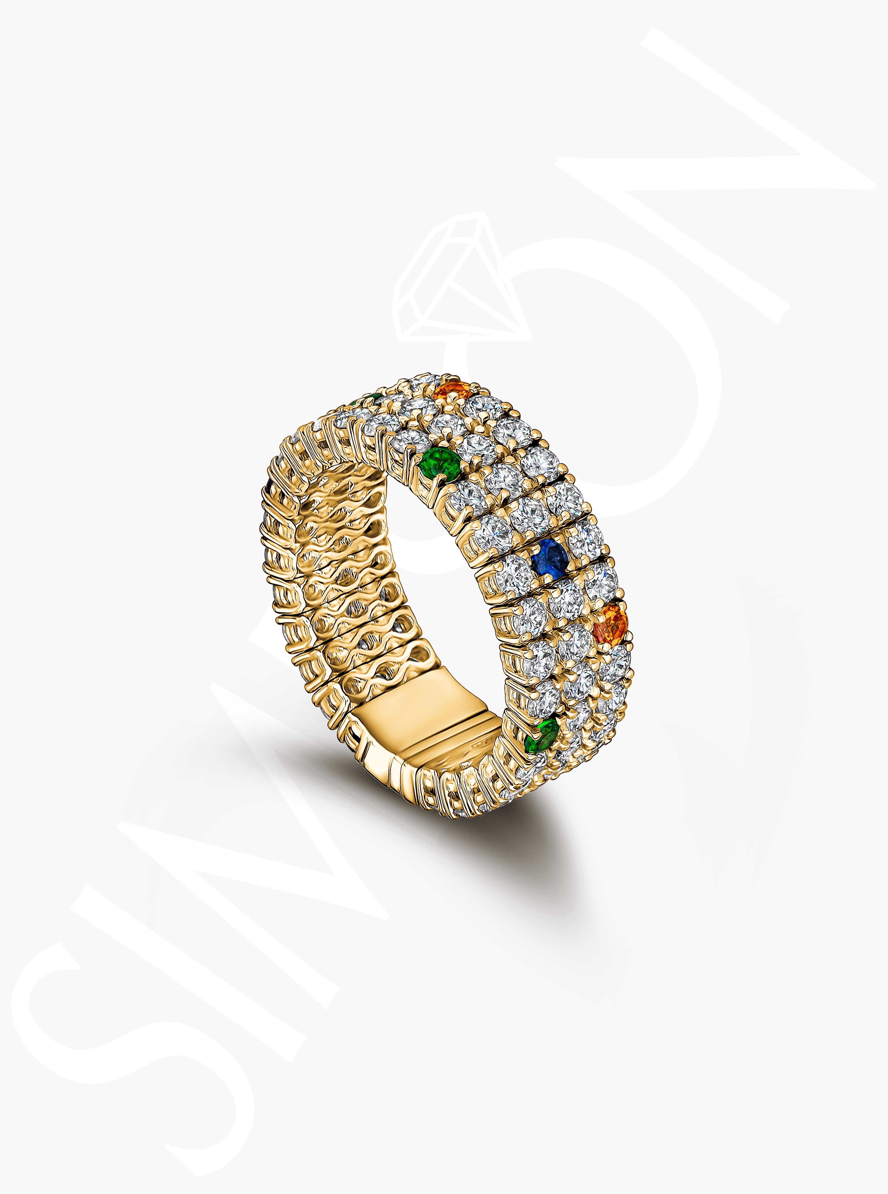 Diamond and Tsavorite and Sapphire Stretch Ring