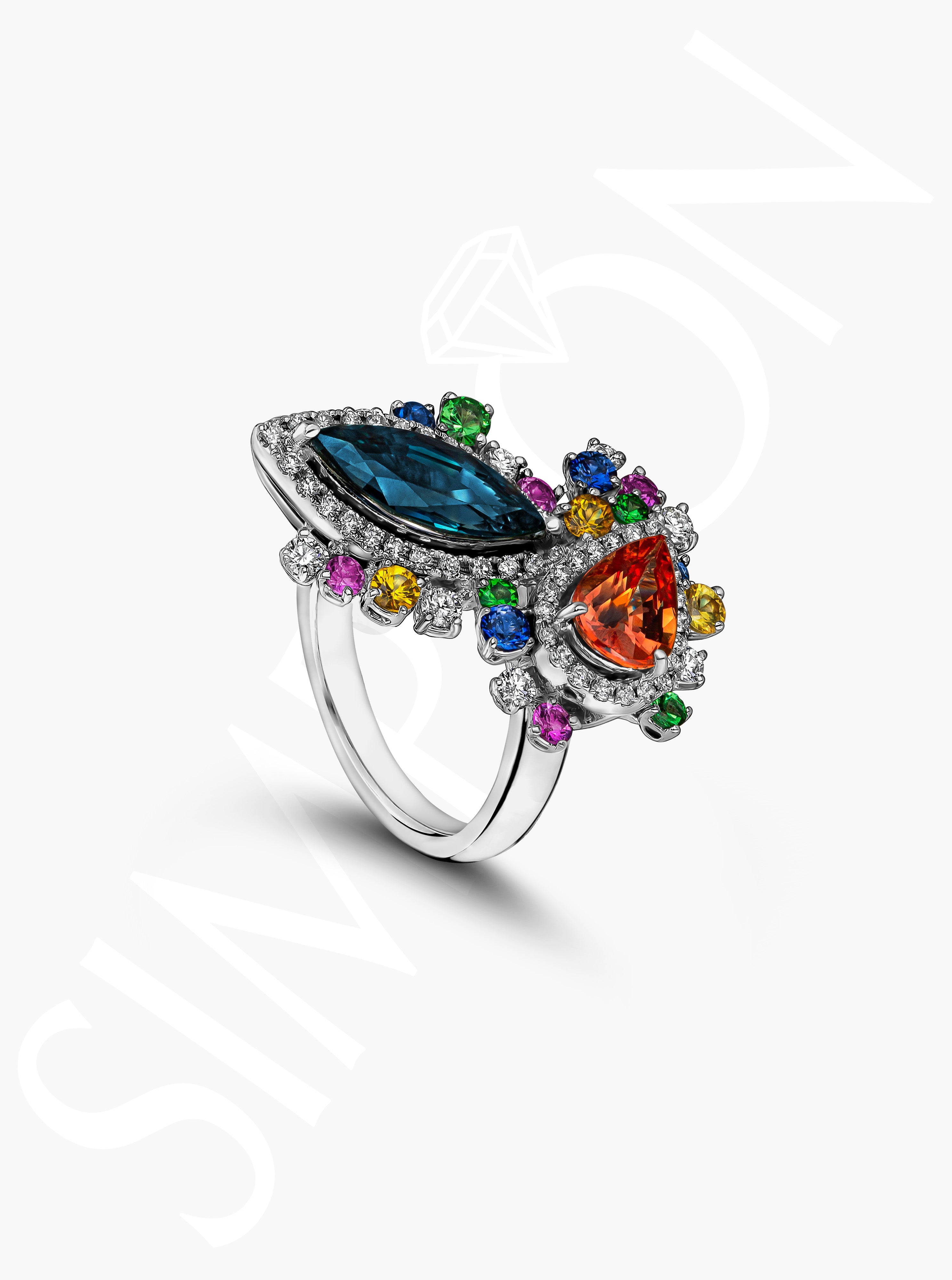 Multi-Color Gemstone and Diamond Statement Ring