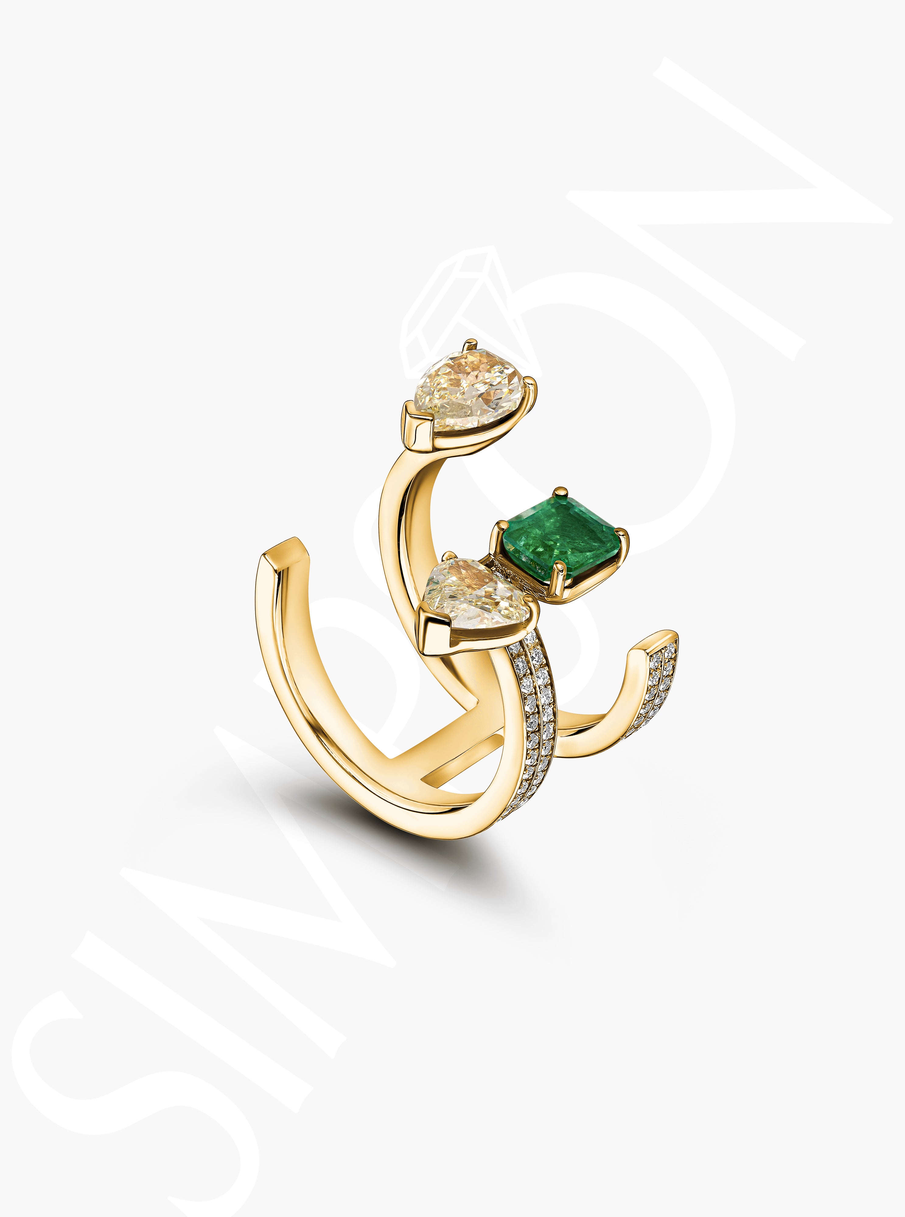 Open Ring With Emerald And Yellow Diamonds