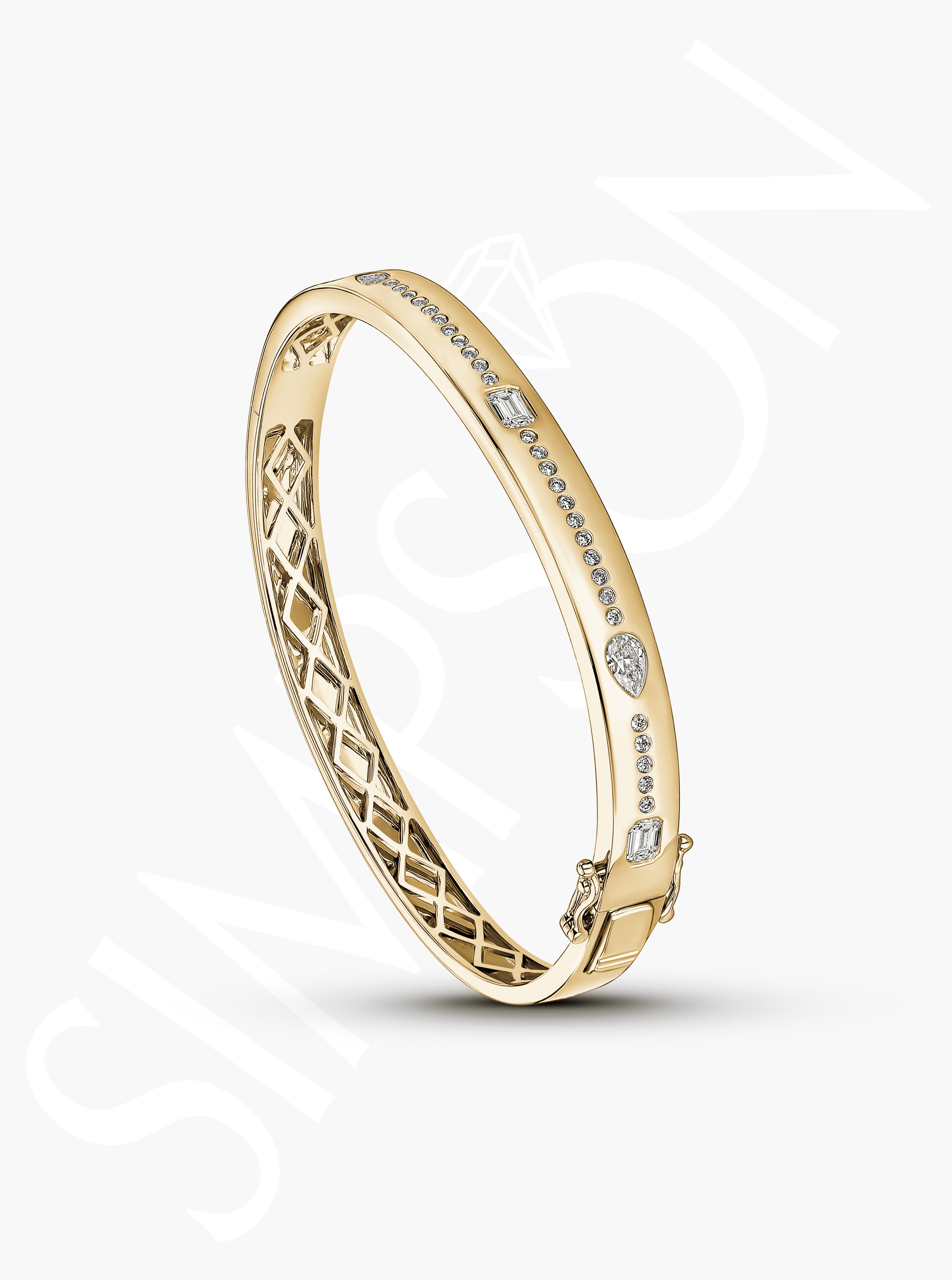 Gold Bangle with Pear and Emerald Diamonds