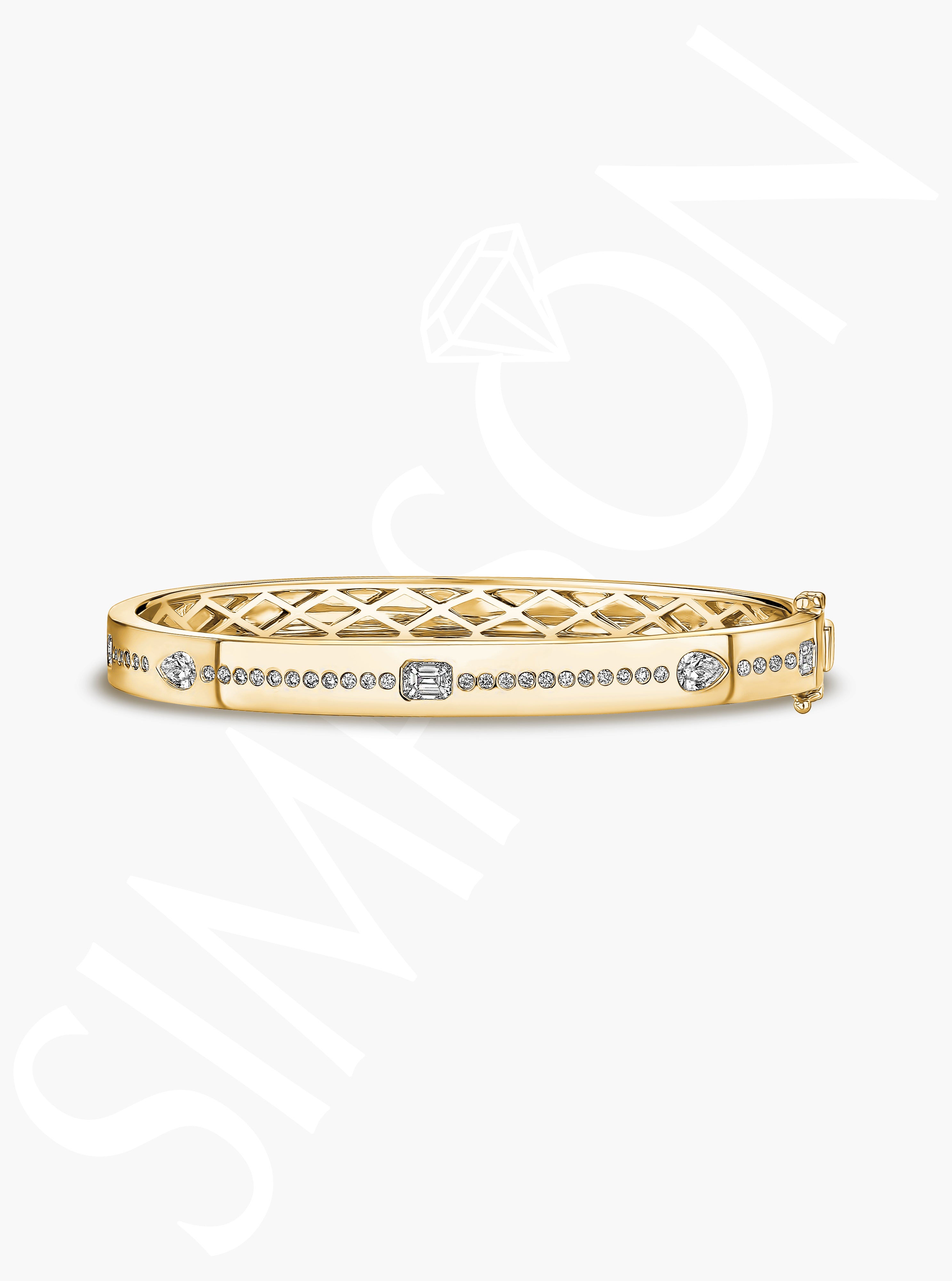 Gold Bangle with Pear and Emerald Diamonds