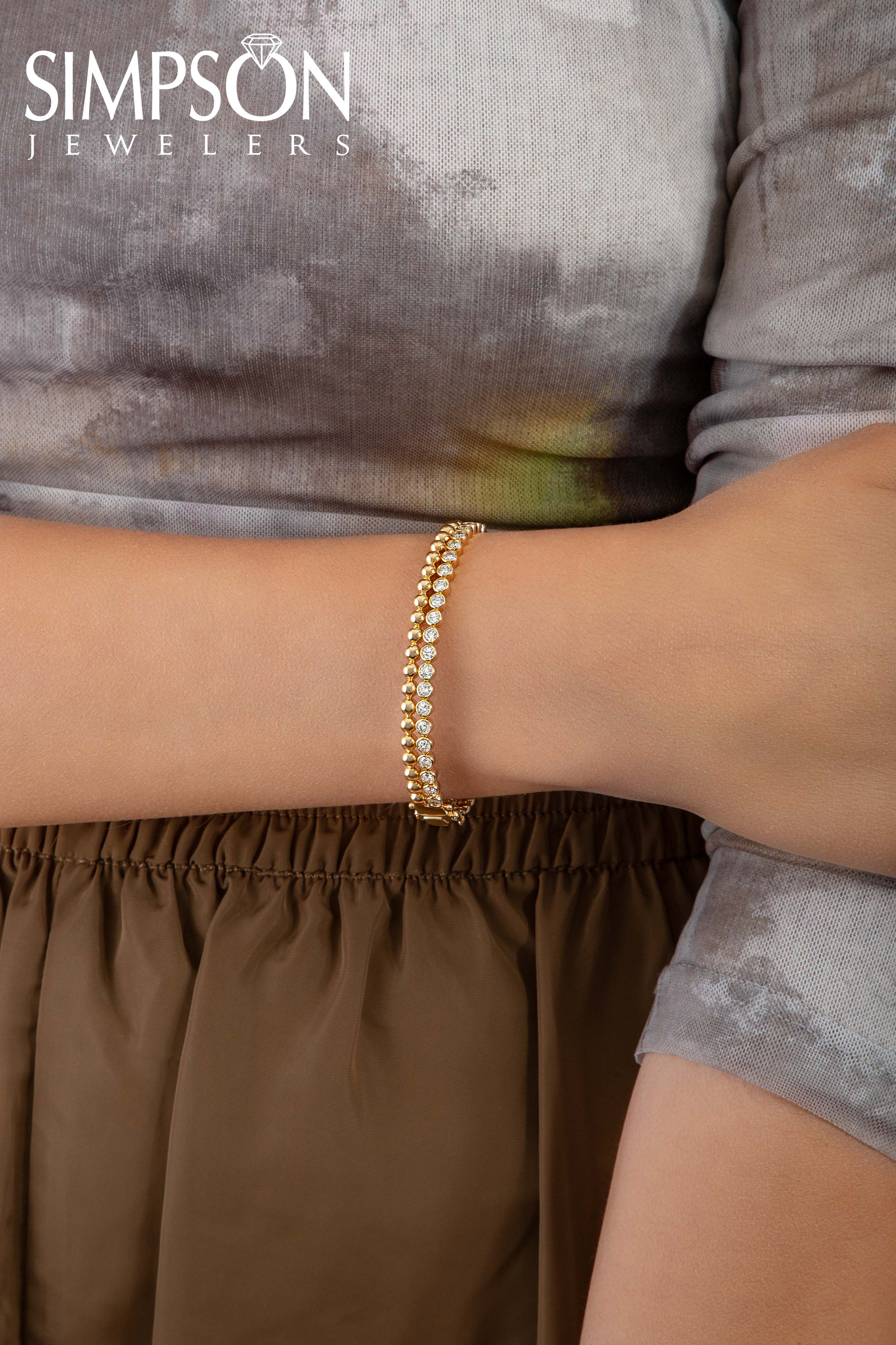 Gold Beaded Diamond Bangle with Double Row Design