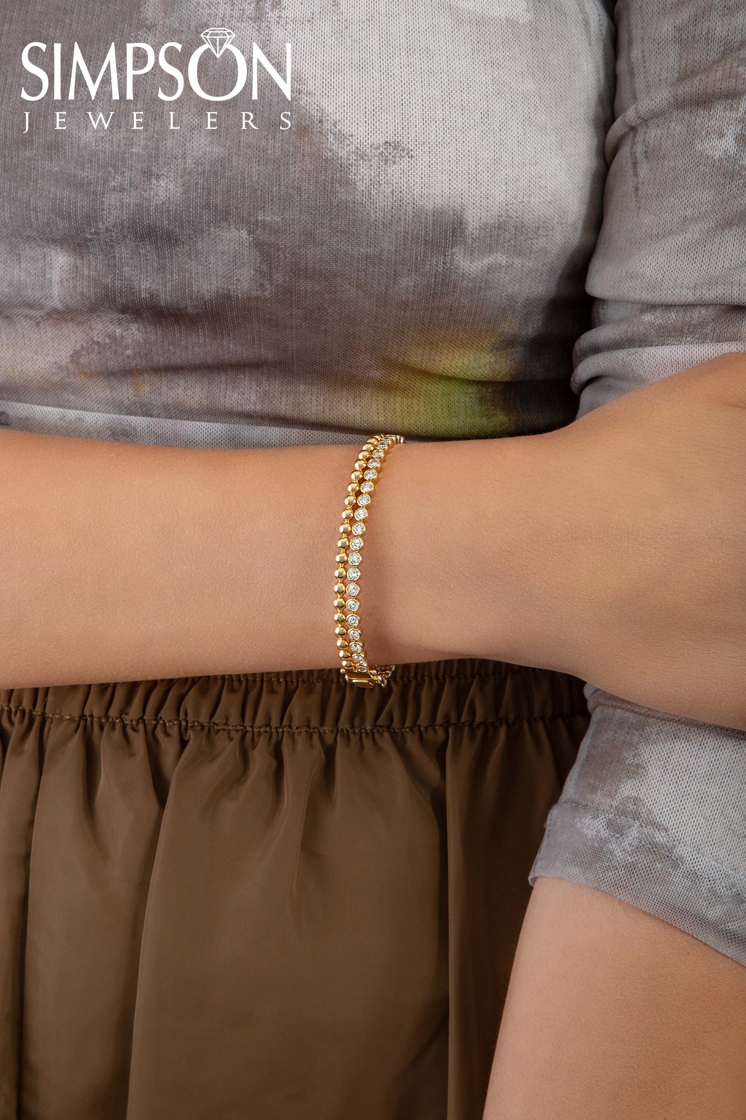 Gold Beaded Diamond Bangle with Double Row Design