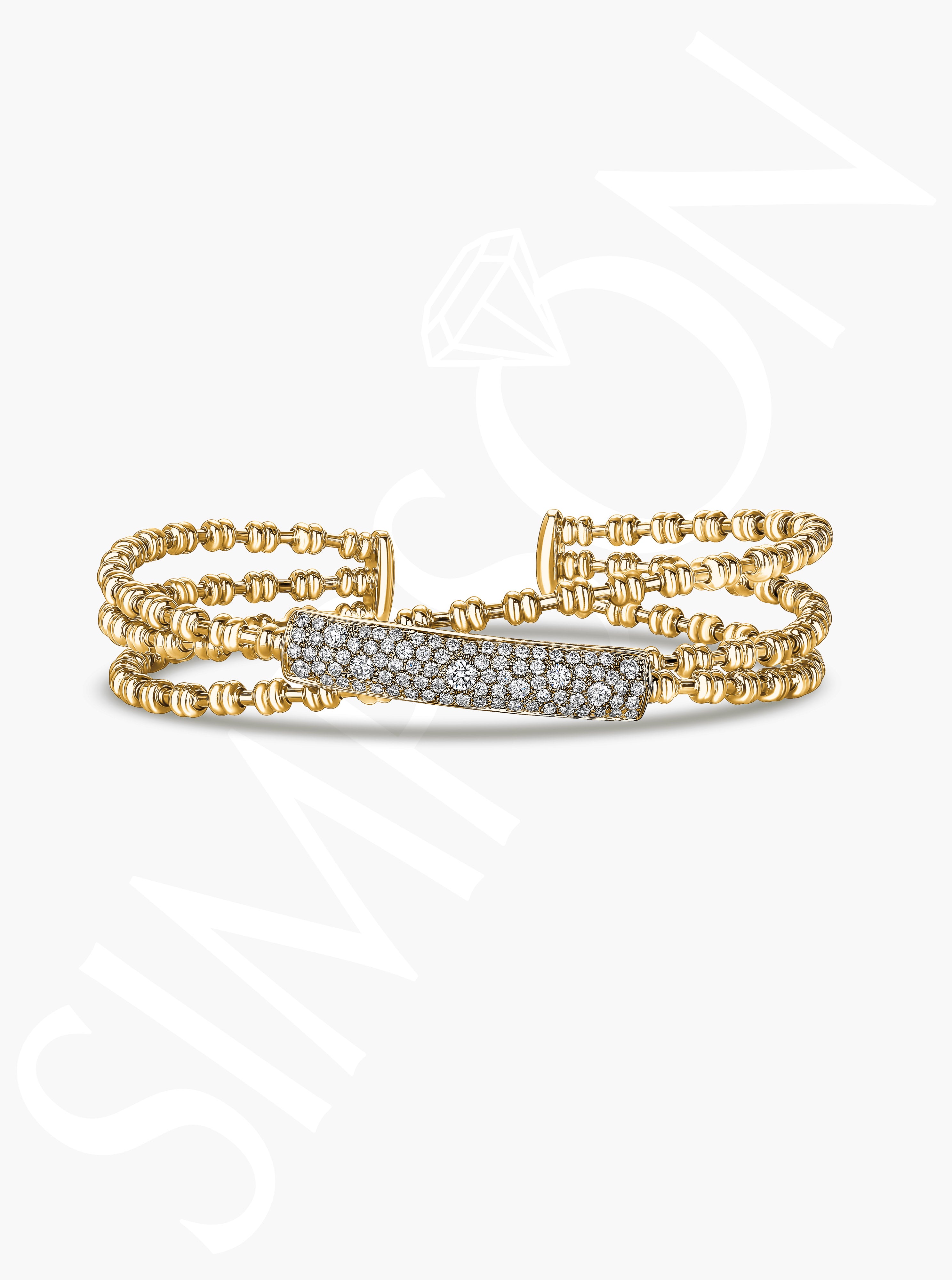 Triple Row Beaded Bangle With Pavé Diamond Bar
