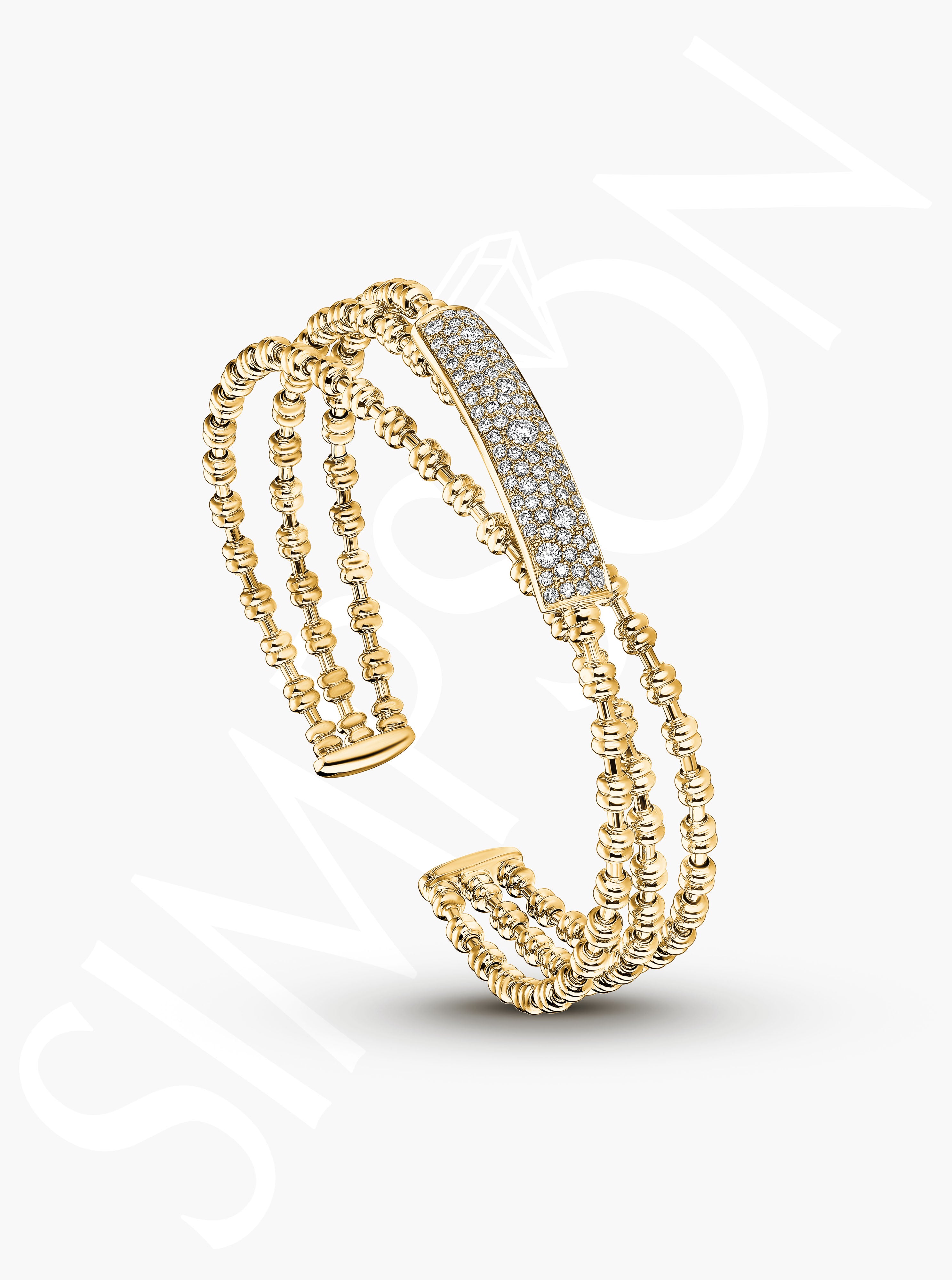 Triple Row Beaded Bangle With Pavé Diamond Bar