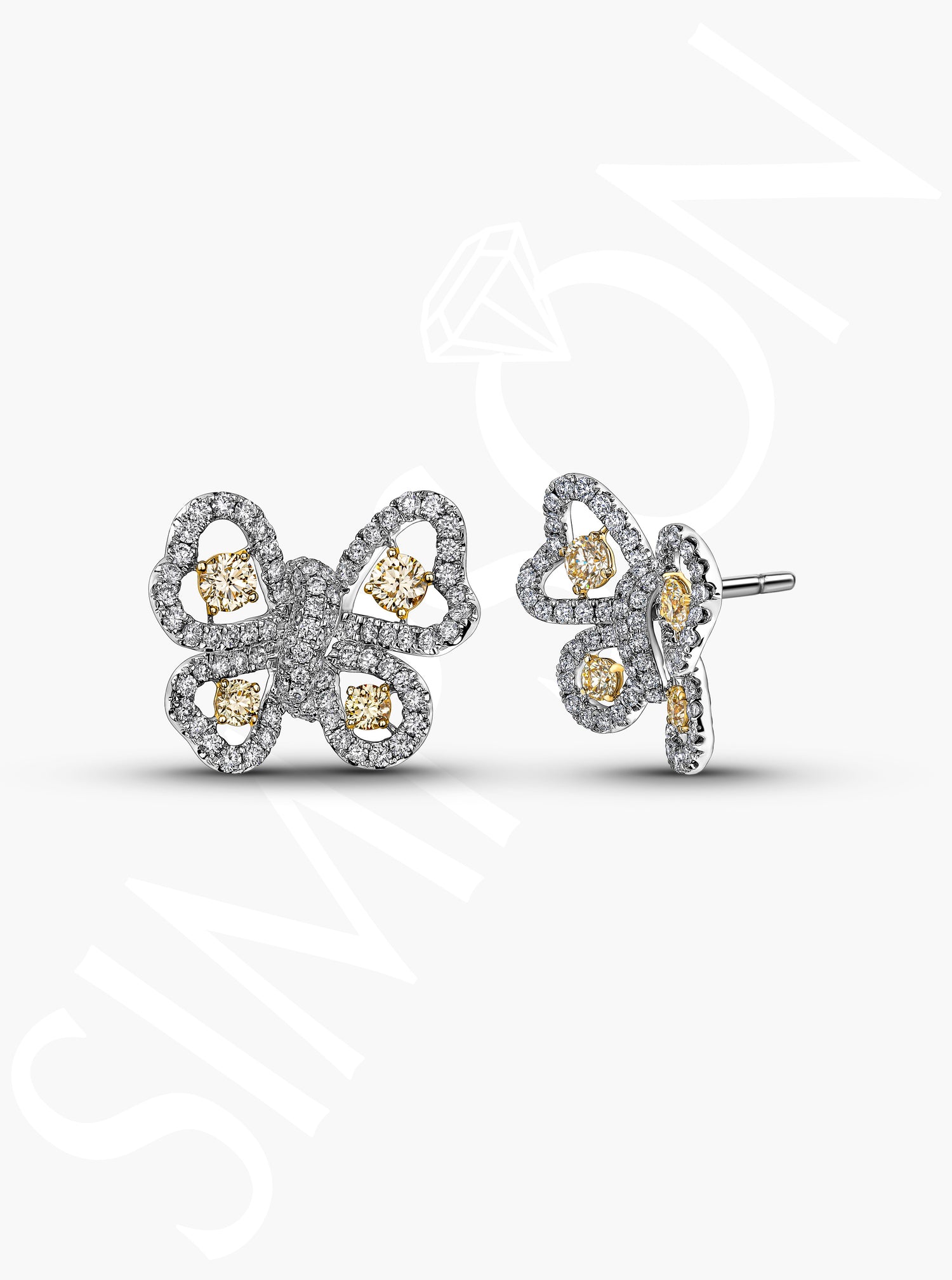 White and Yellow Diamond Butterfly Stud Earrings
