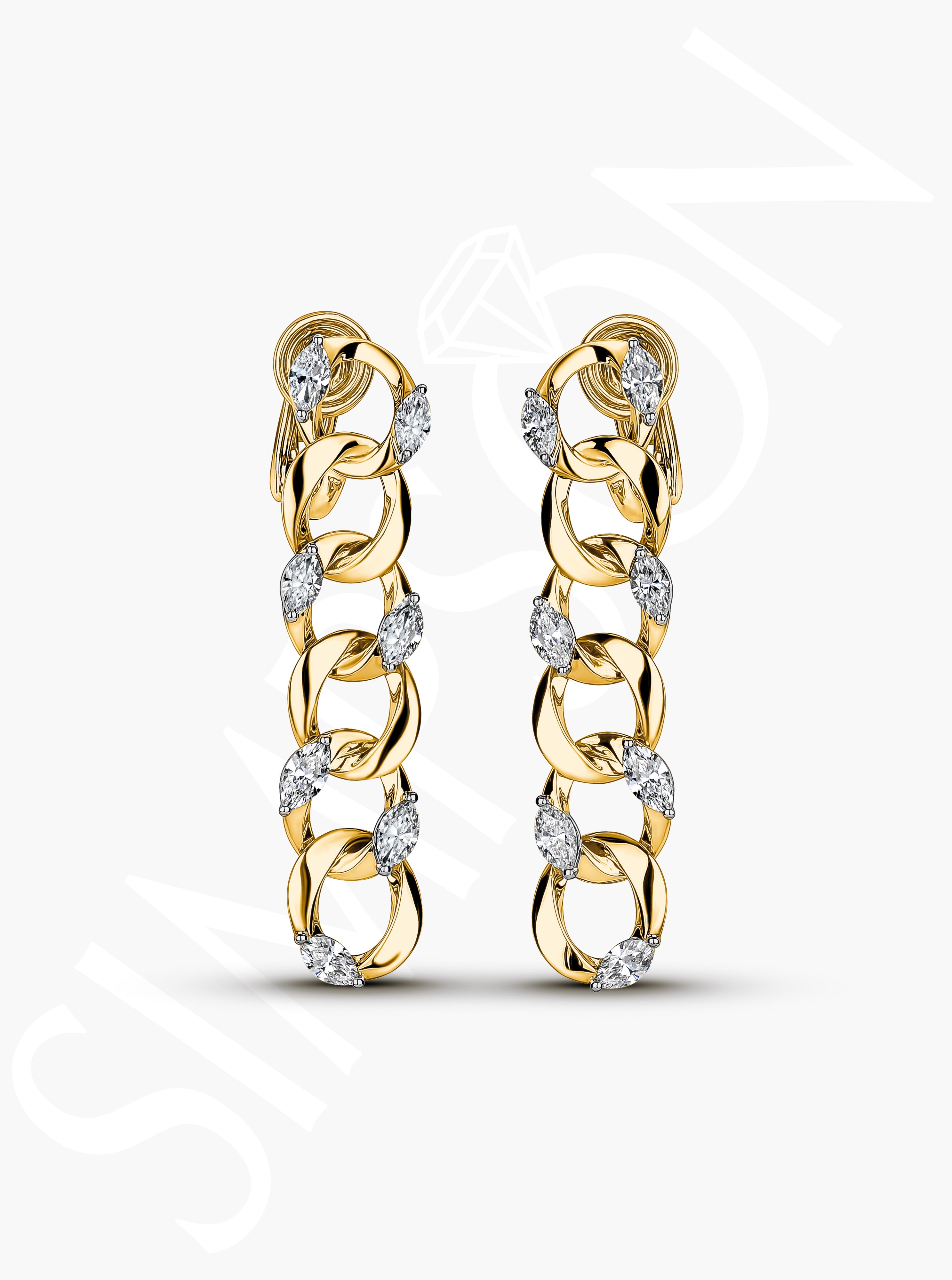 Yellow Gold Link Earrings with Marquise Diamonds