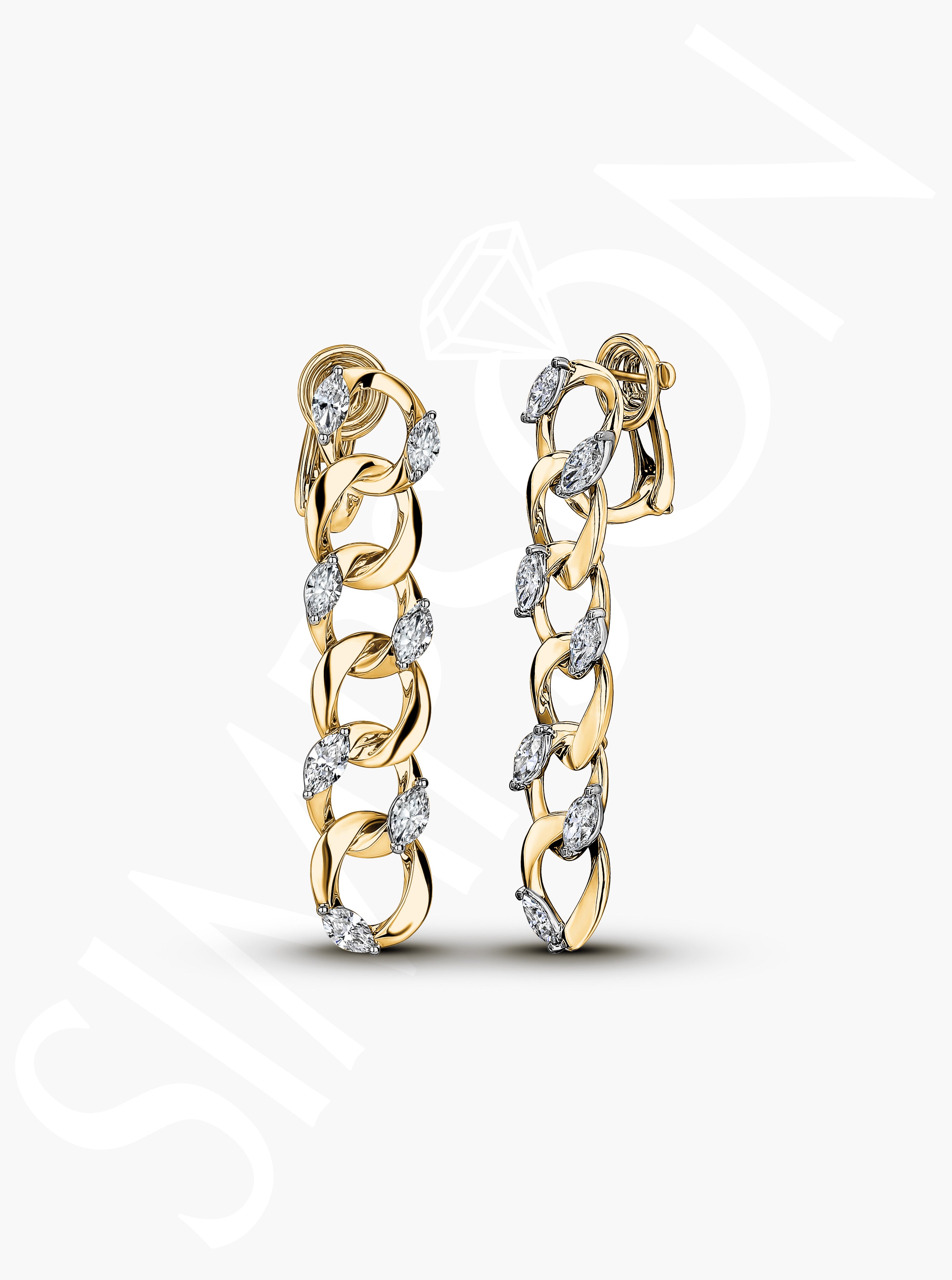 Yellow Gold Link Earrings with Marquise Diamonds