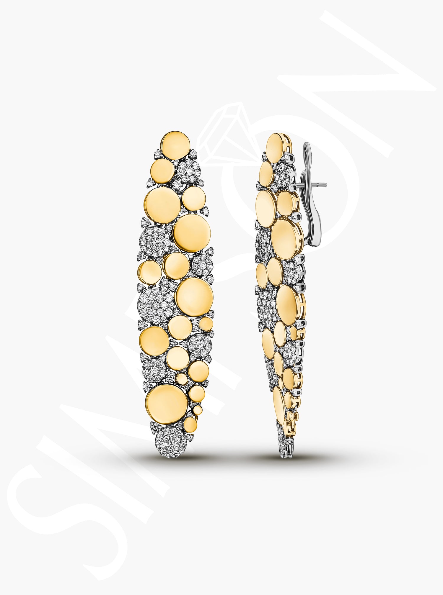 Yellow Gold Bubble and Diamond Cluster Drop Earrings