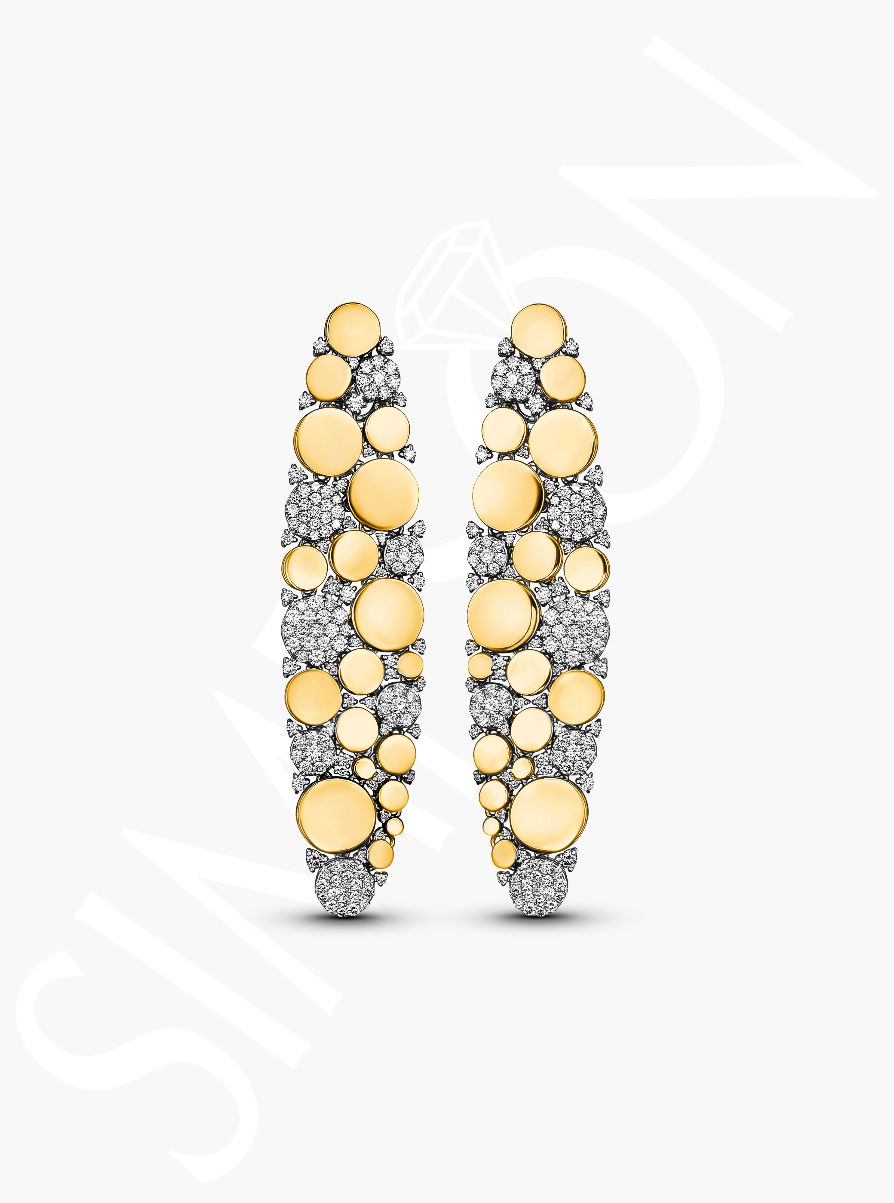Yellow Gold Bubble and Diamond Cluster Drop Earrings