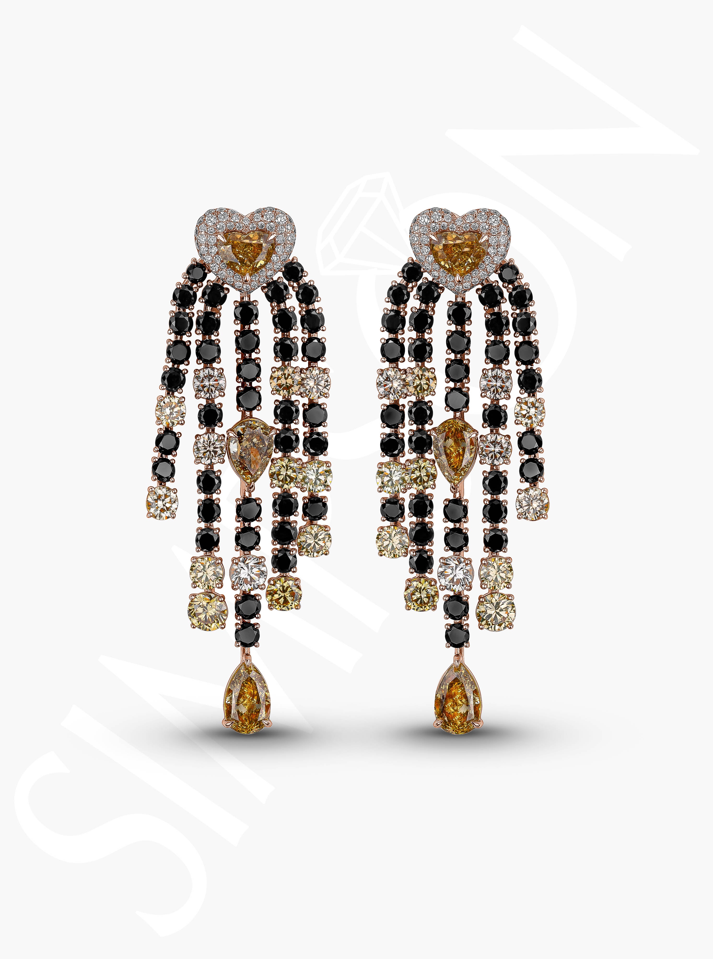 Heart Chandelier Earrings With Multi-Color Diamonds