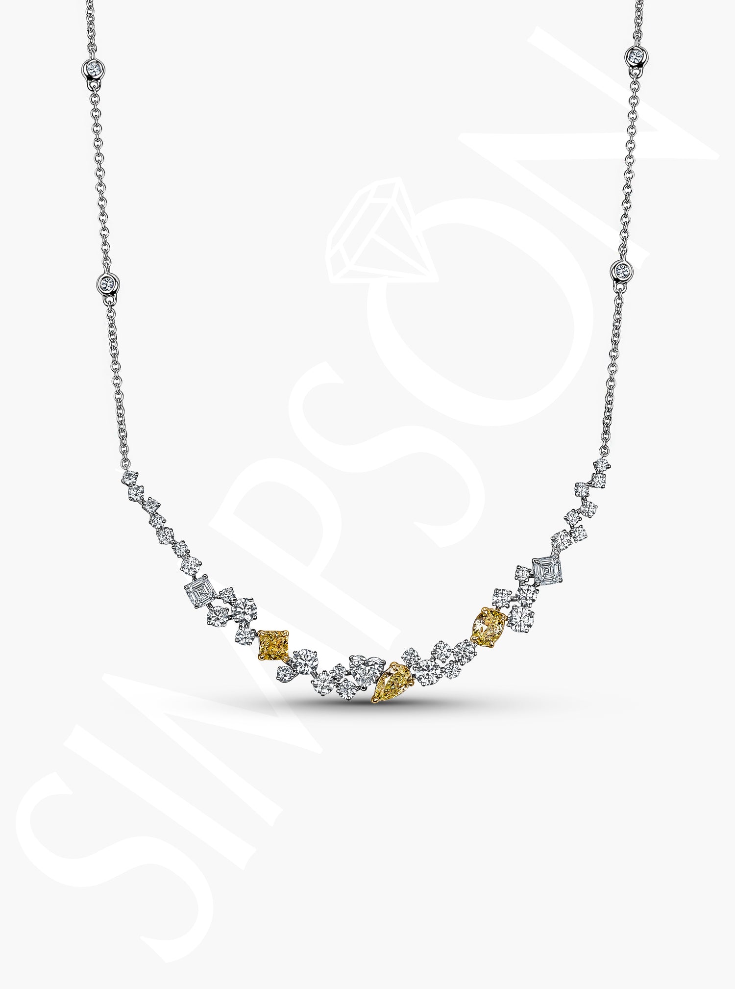 White Gold Diamond Necklace with Yellow Diamond Accents