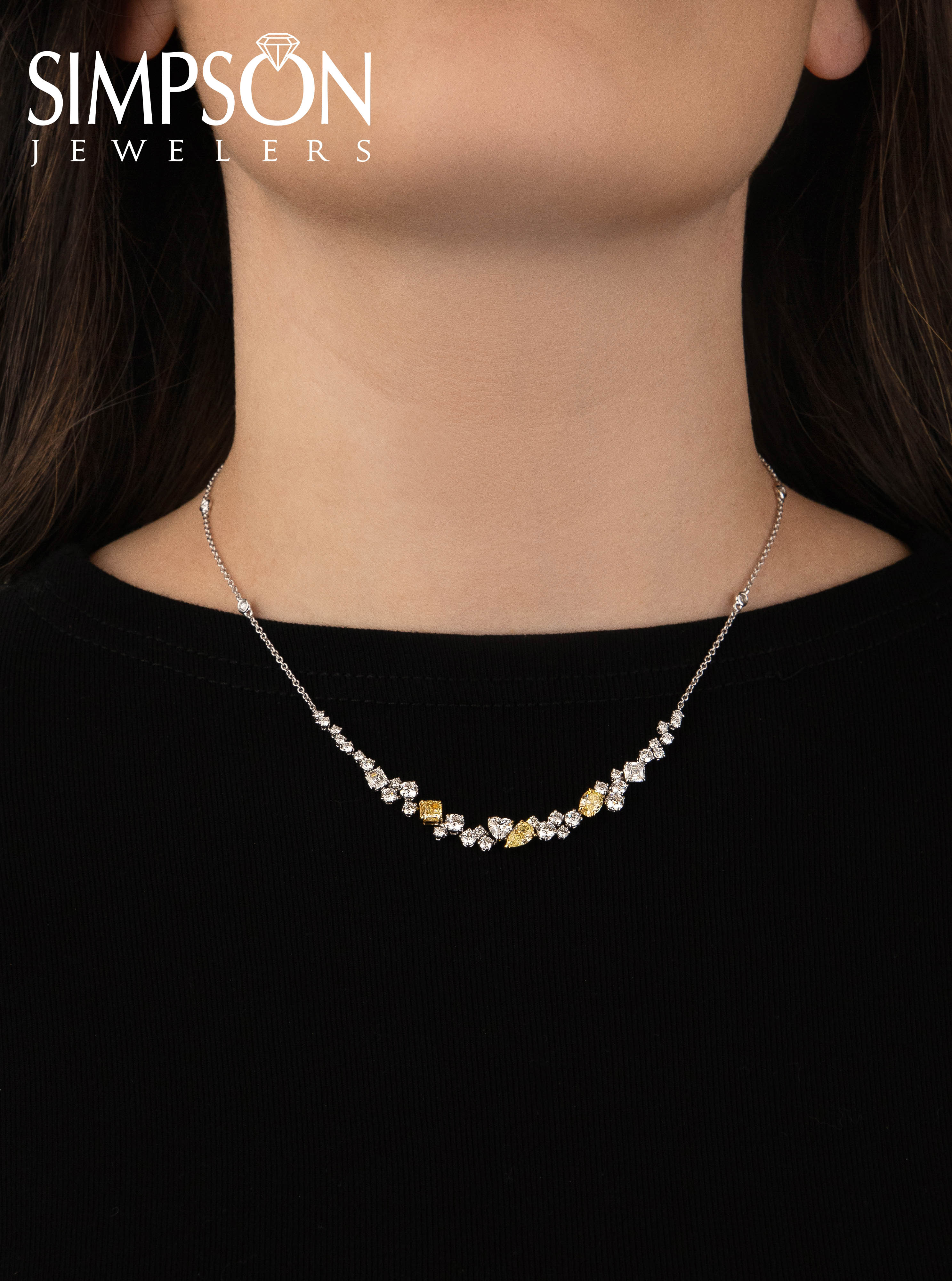 White Gold Diamond Necklace with Yellow Diamond Accents