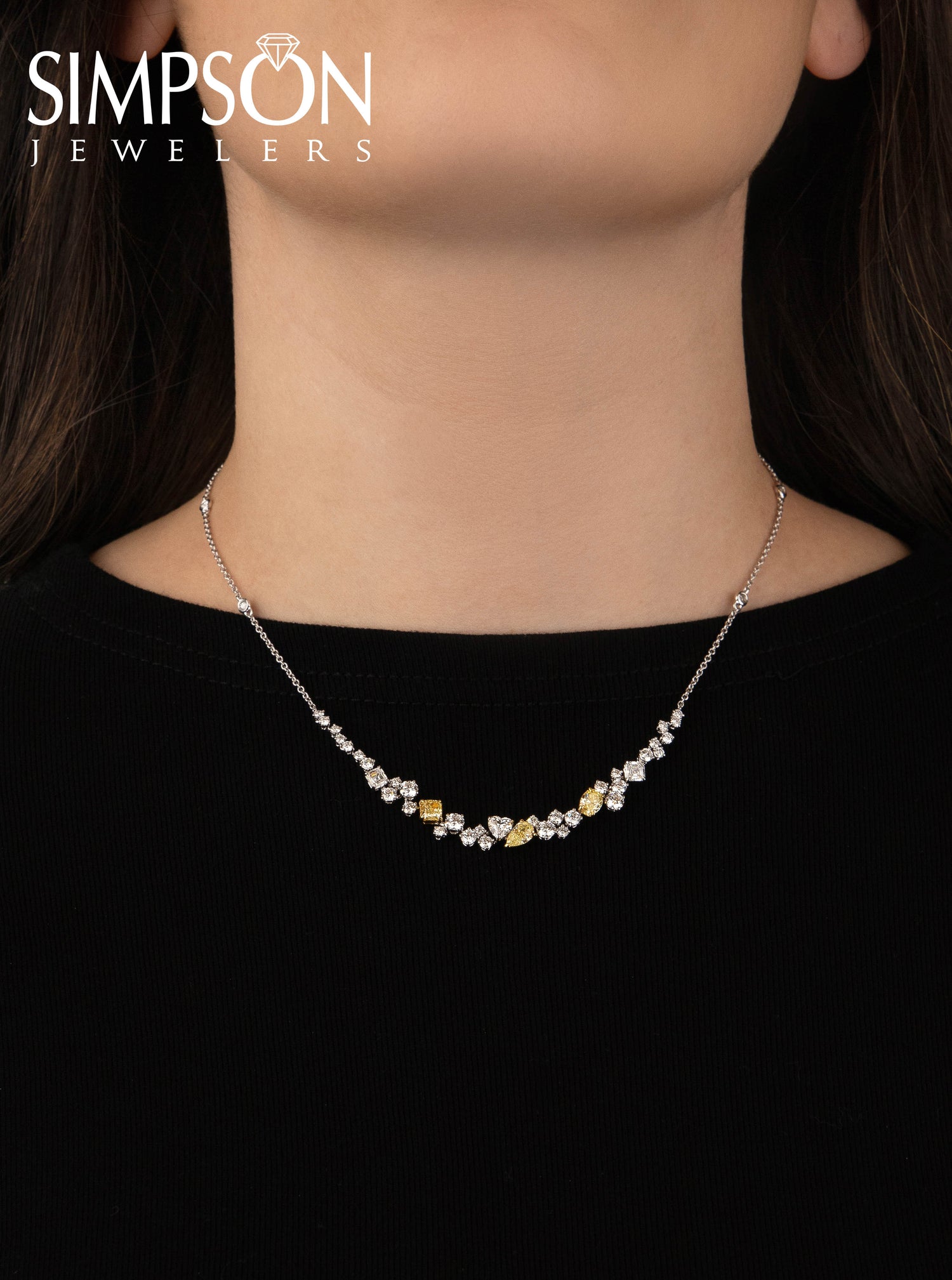 White Gold Diamond Necklace with Yellow Diamond Accents