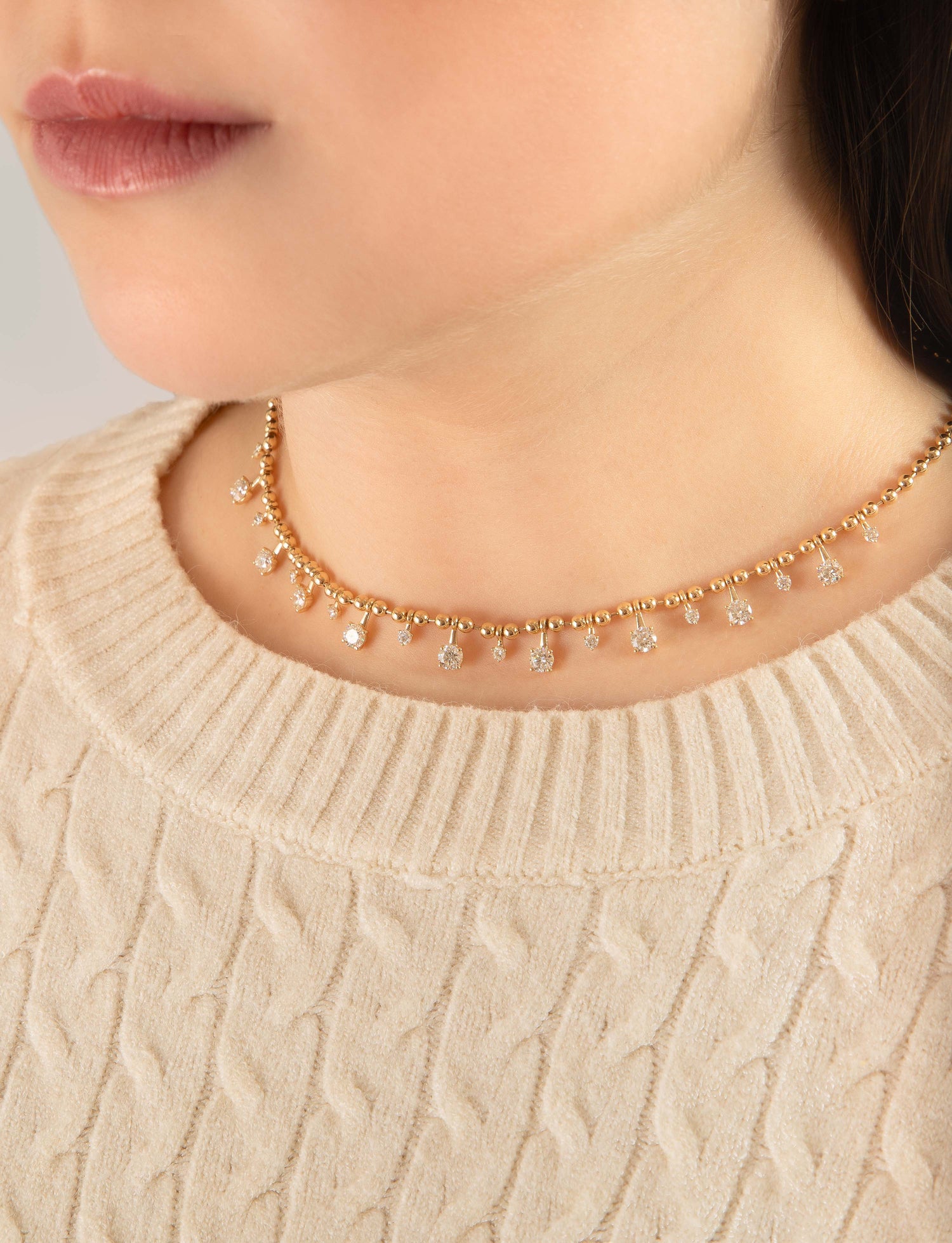 Gold Bead Necklace with Diamond Stations