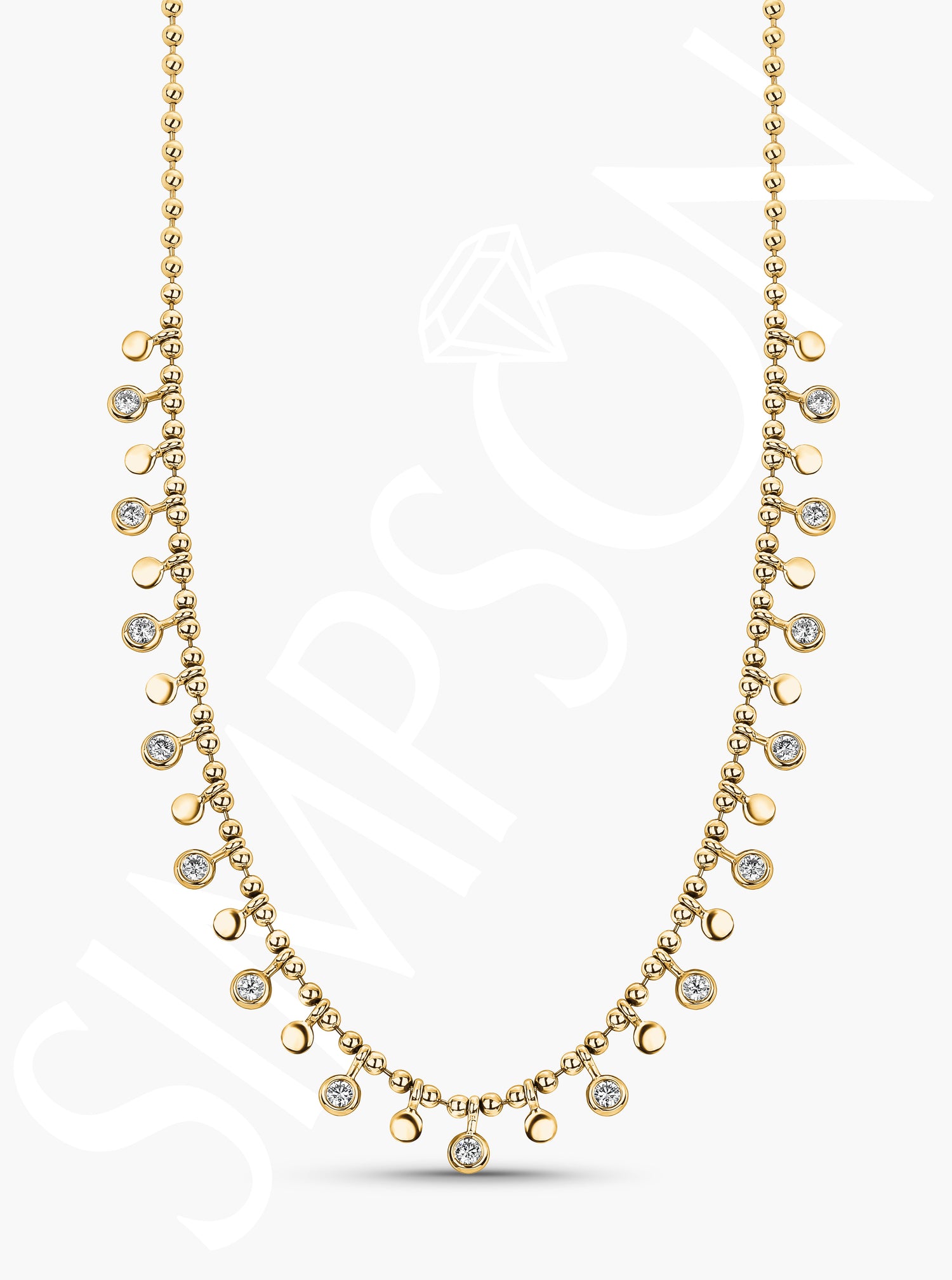 Yellow Gold Bead Necklace with Diamond Bezel and Disk Stations