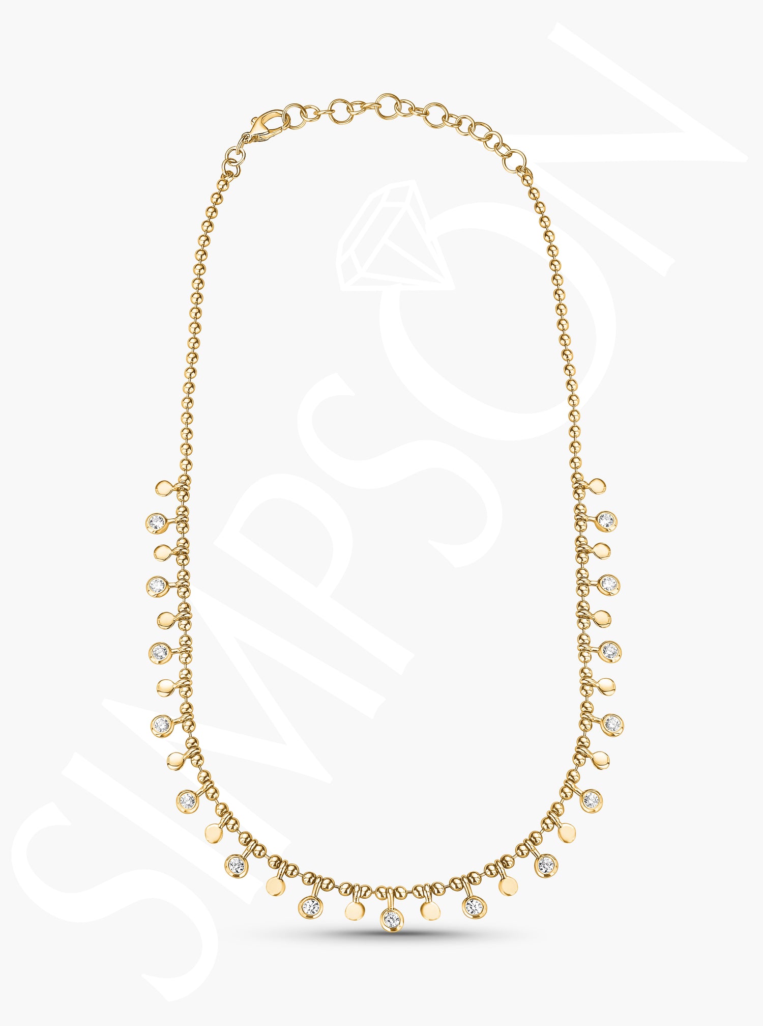 Yellow Gold Bead Necklace with Diamond Bezel and Disk Stations