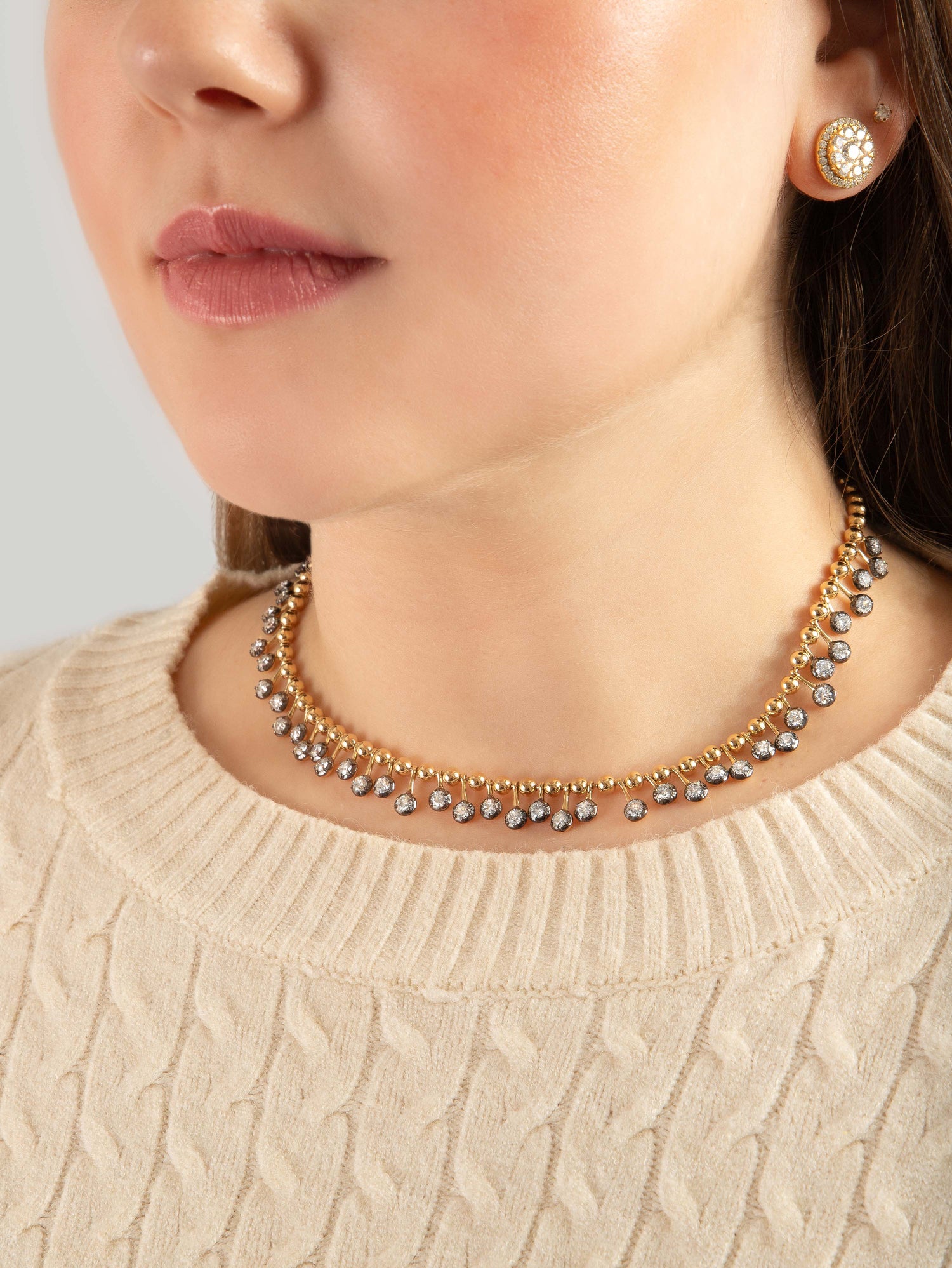 Yellow Gold Diamond Station Necklace with Black Rhodium